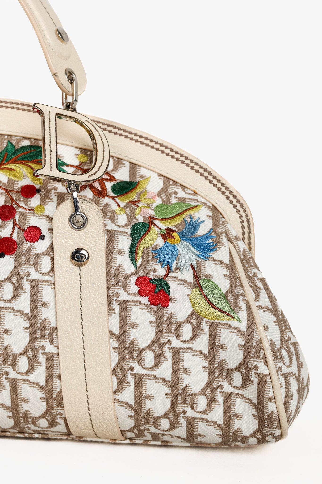 Christian Dior Vintage Flowers Beige Monogram Canvas Embroidered Frame Bag