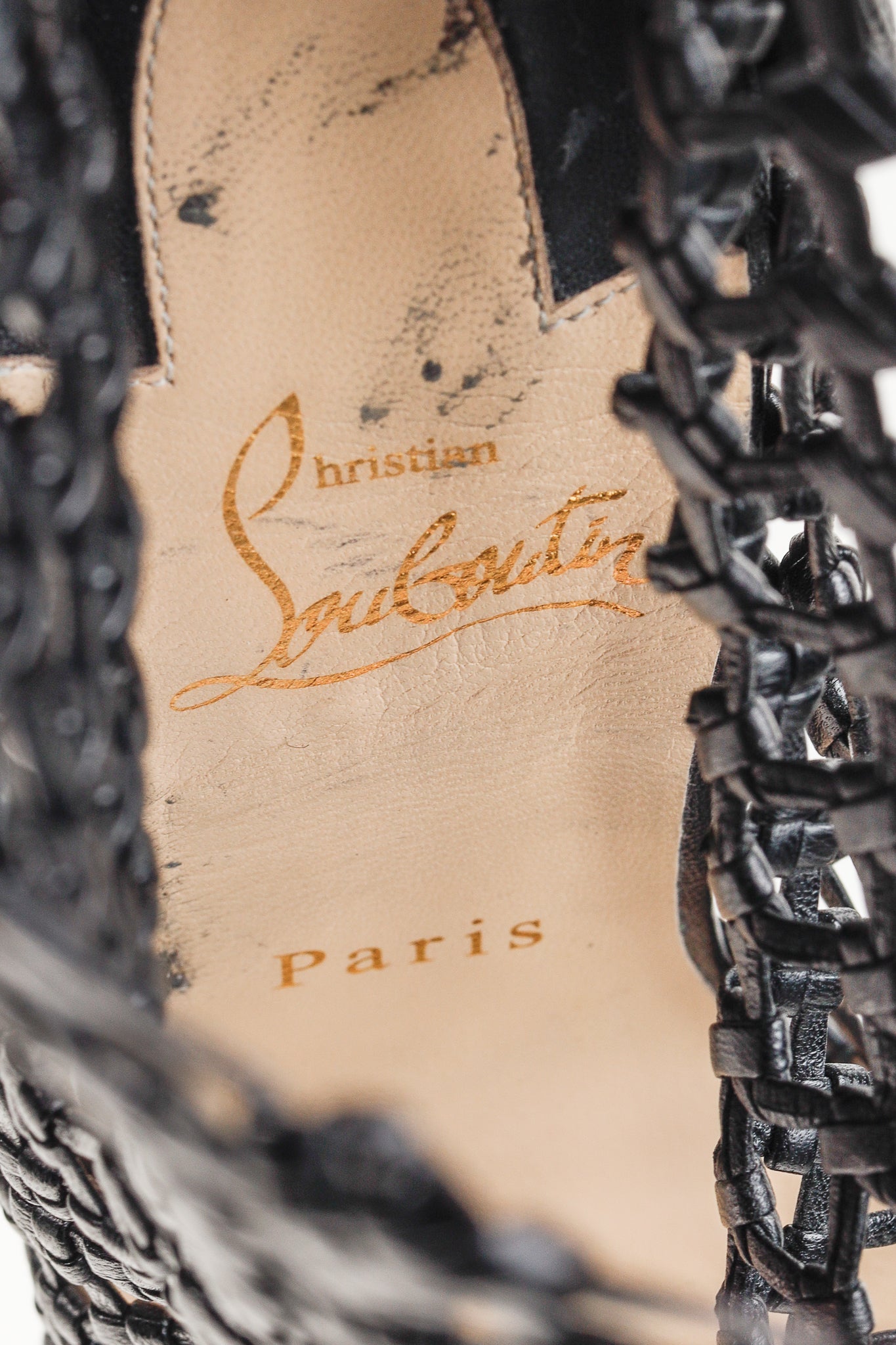 Christian Louboutin Porligat 120 Black Leather Woven Cage Heels