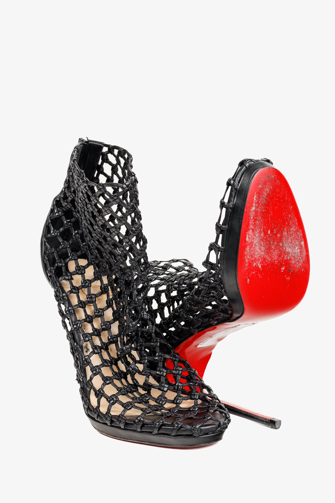 Christian Louboutin Porligat 120 Black Leather Woven Cage Heels