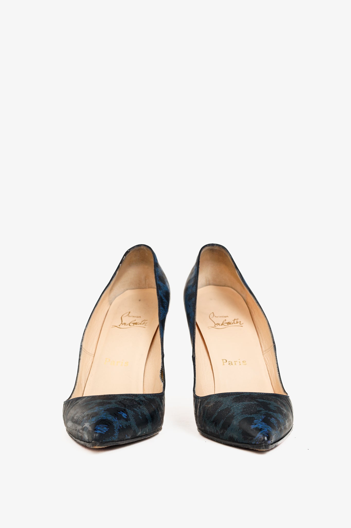 Christian Louboutin Pigalle 100 Black-Blue Patent Leopard Pointed-Toe Pumps