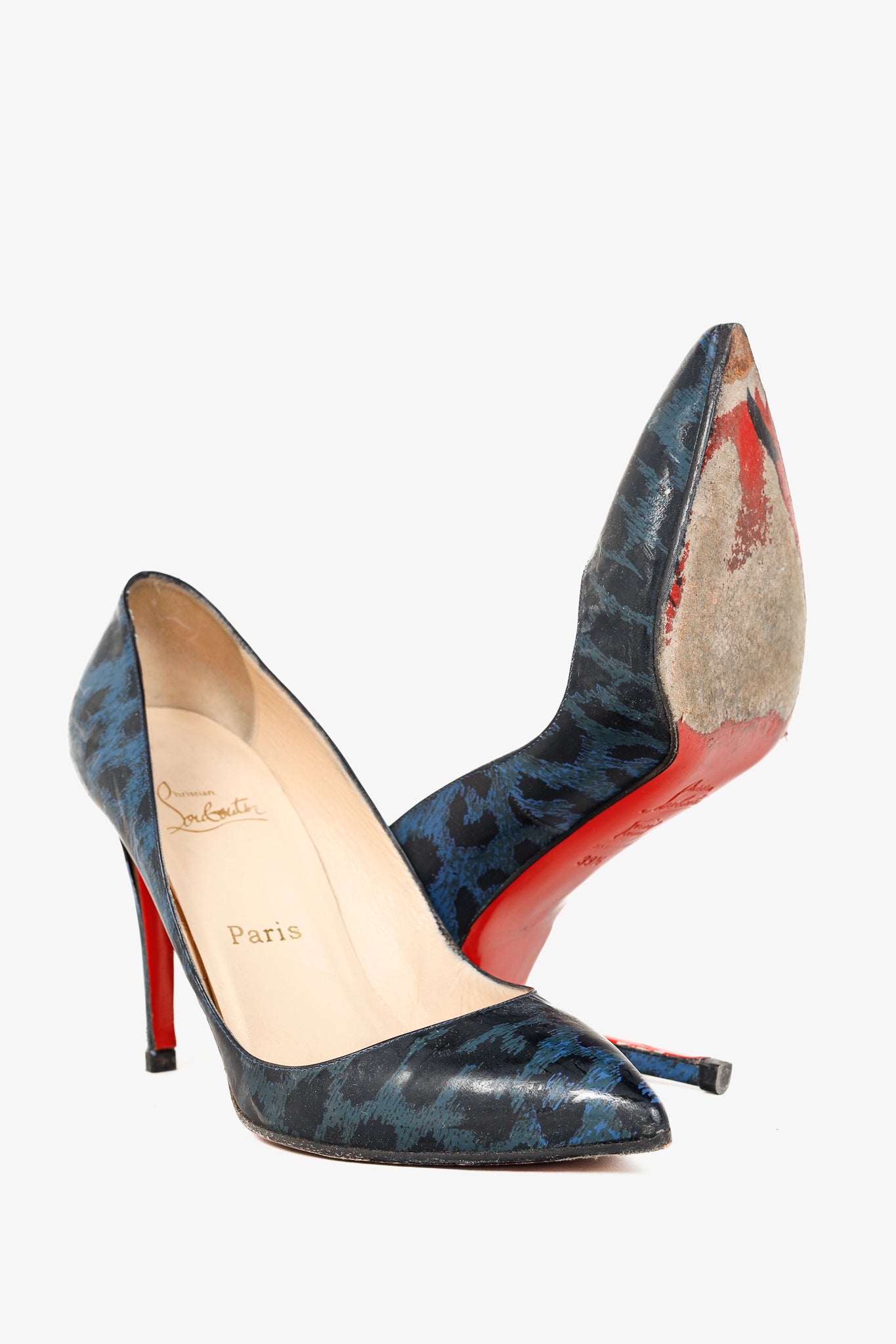 Christian Louboutin Pigalle 100 Black-Blue Patent Leopard Pointed-Toe Pumps