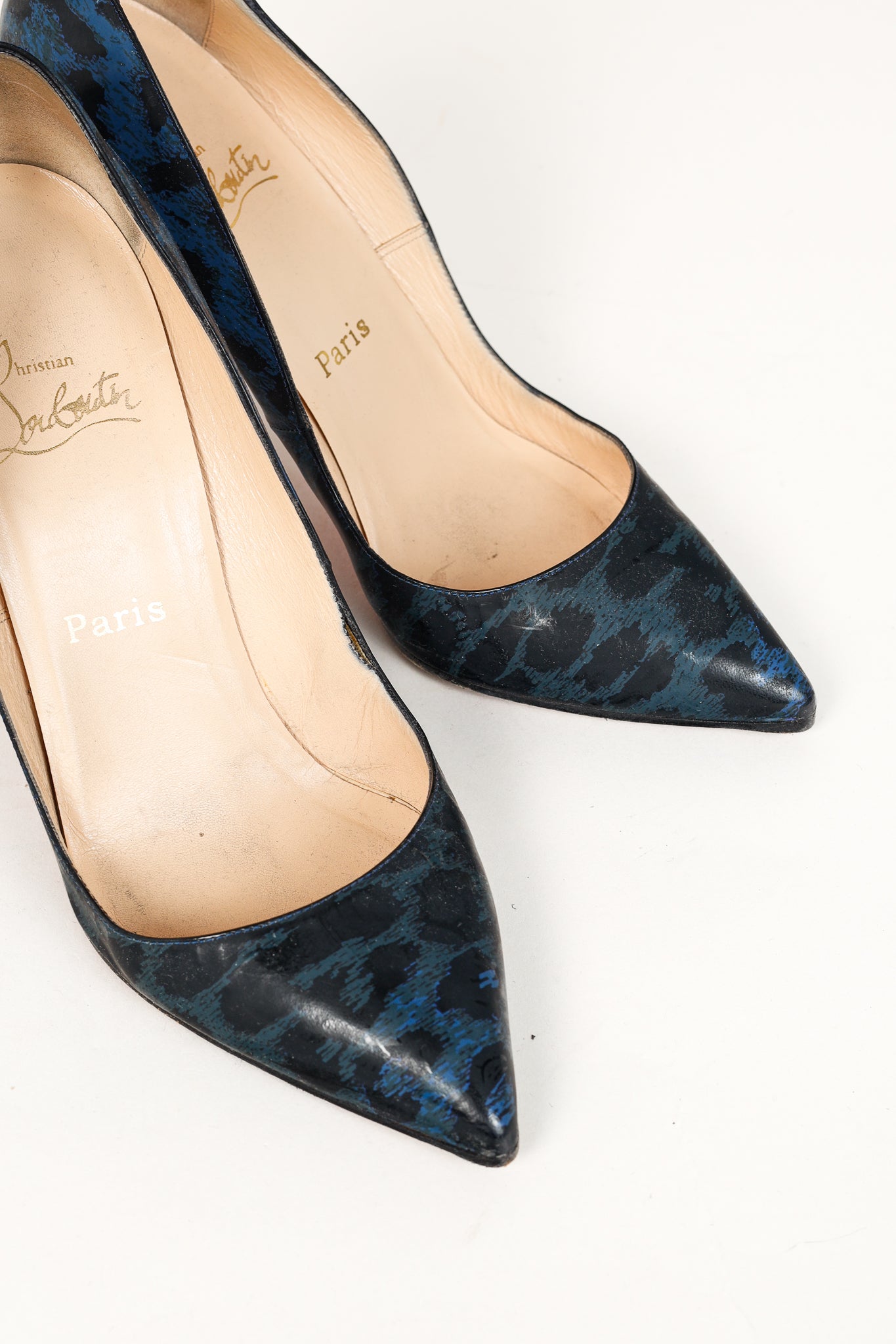 Christian Louboutin Pigalle 100 Black-Blue Patent Leopard Pointed-Toe Pumps