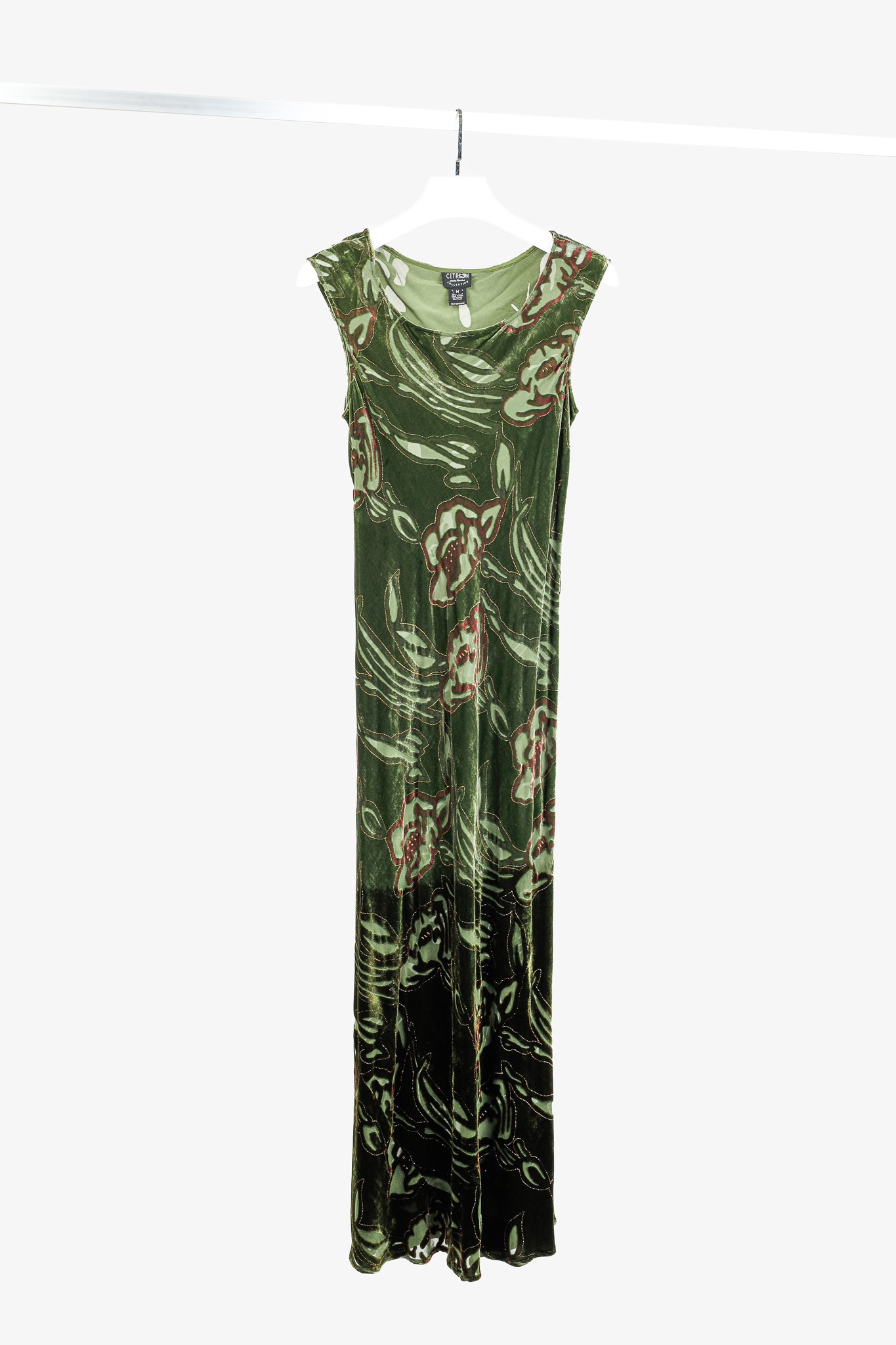 Citron Santa Monica Green Floral-Burnout Velvet Maxi Dress