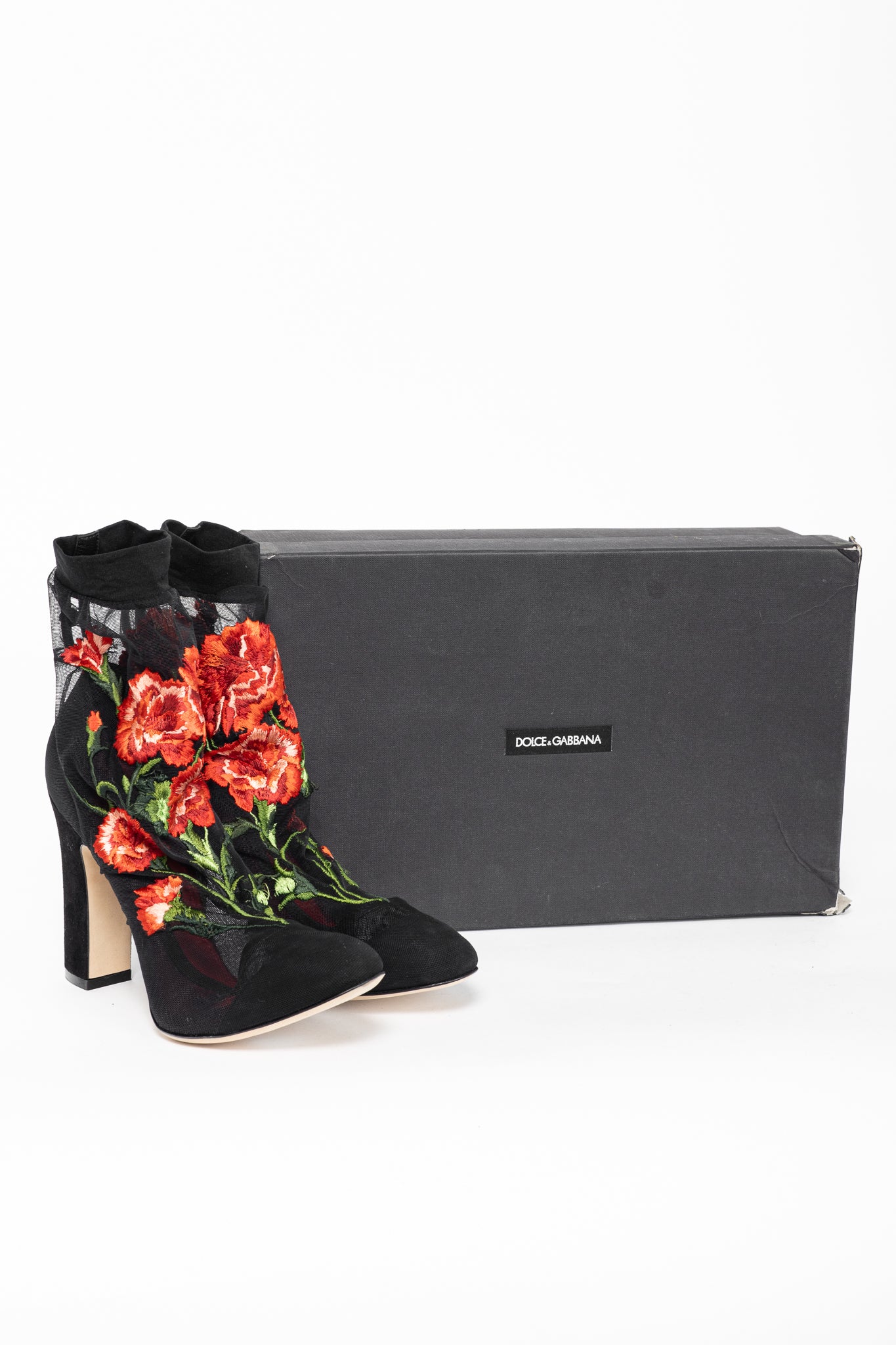 Dolce & Gabbana SS/15 Runway Nero Multi Floral-Embroidered Mesh Suede Booties