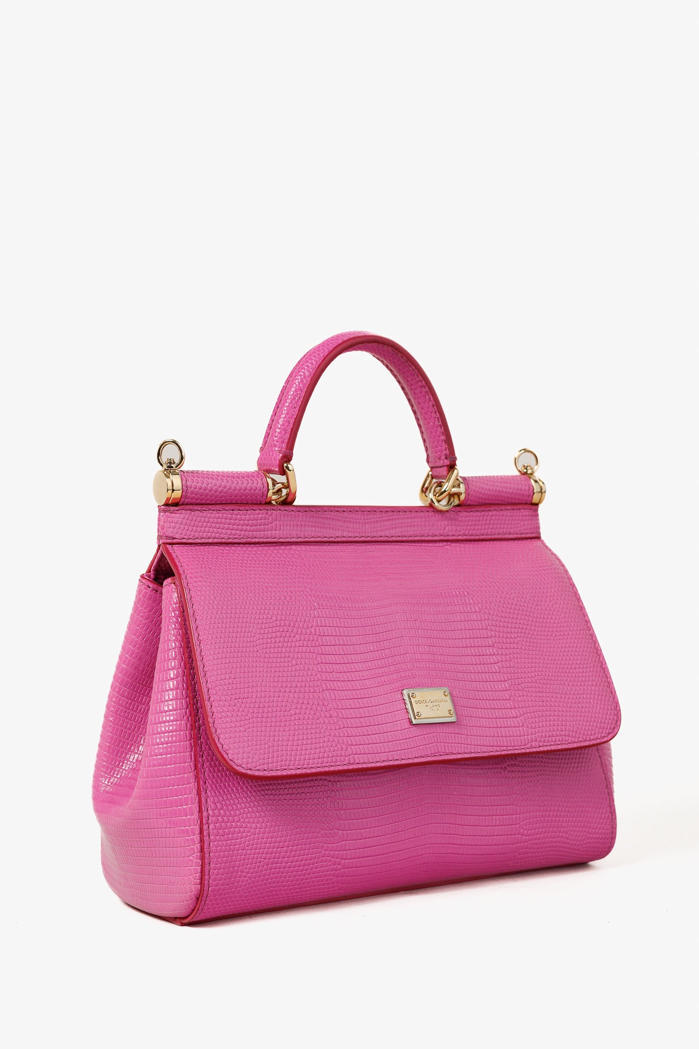 Dolce & Gabbana Miss Sicily Small Pink Iguana-Embossed Chain Satchel