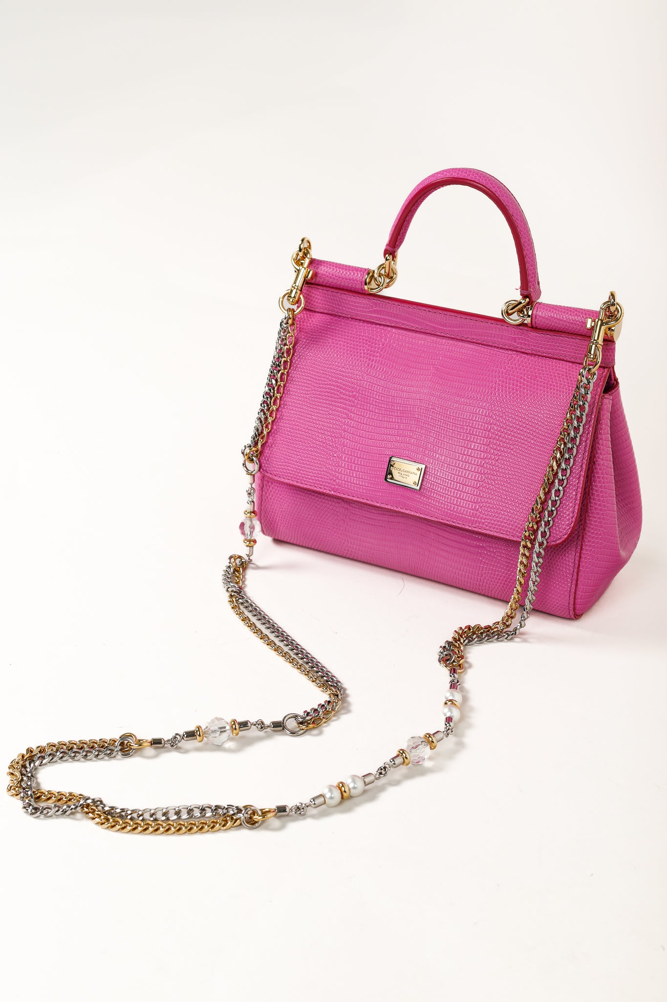 Dolce & Gabbana Miss Sicily Small Pink Iguana-Embossed Chain Satchel
