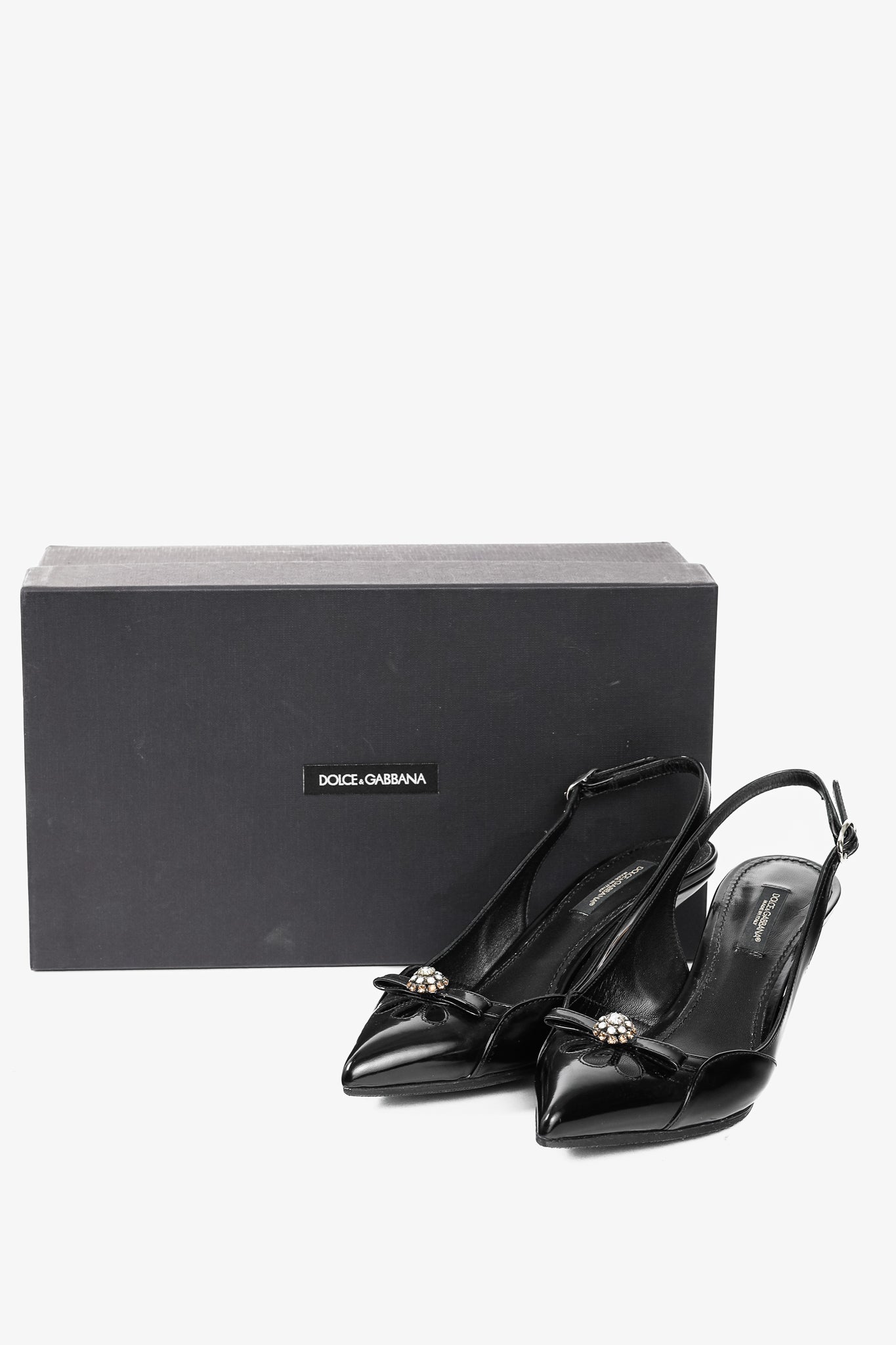 Dolce & Gabbana Nero Patent-Leather Embellished Slingback Pointed-Toe Heels