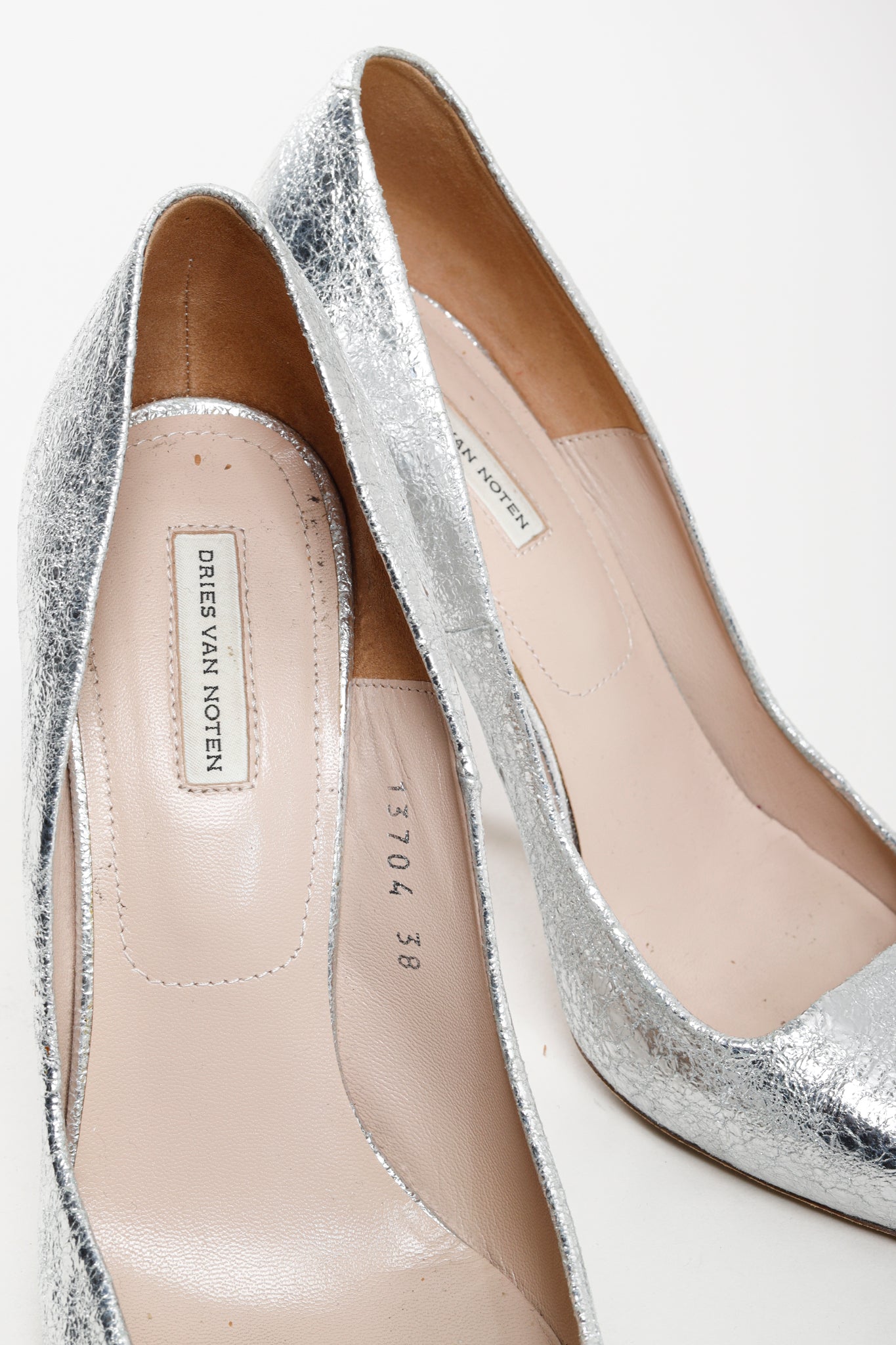 Dries Van Noten Distressed Silver Leather Heels