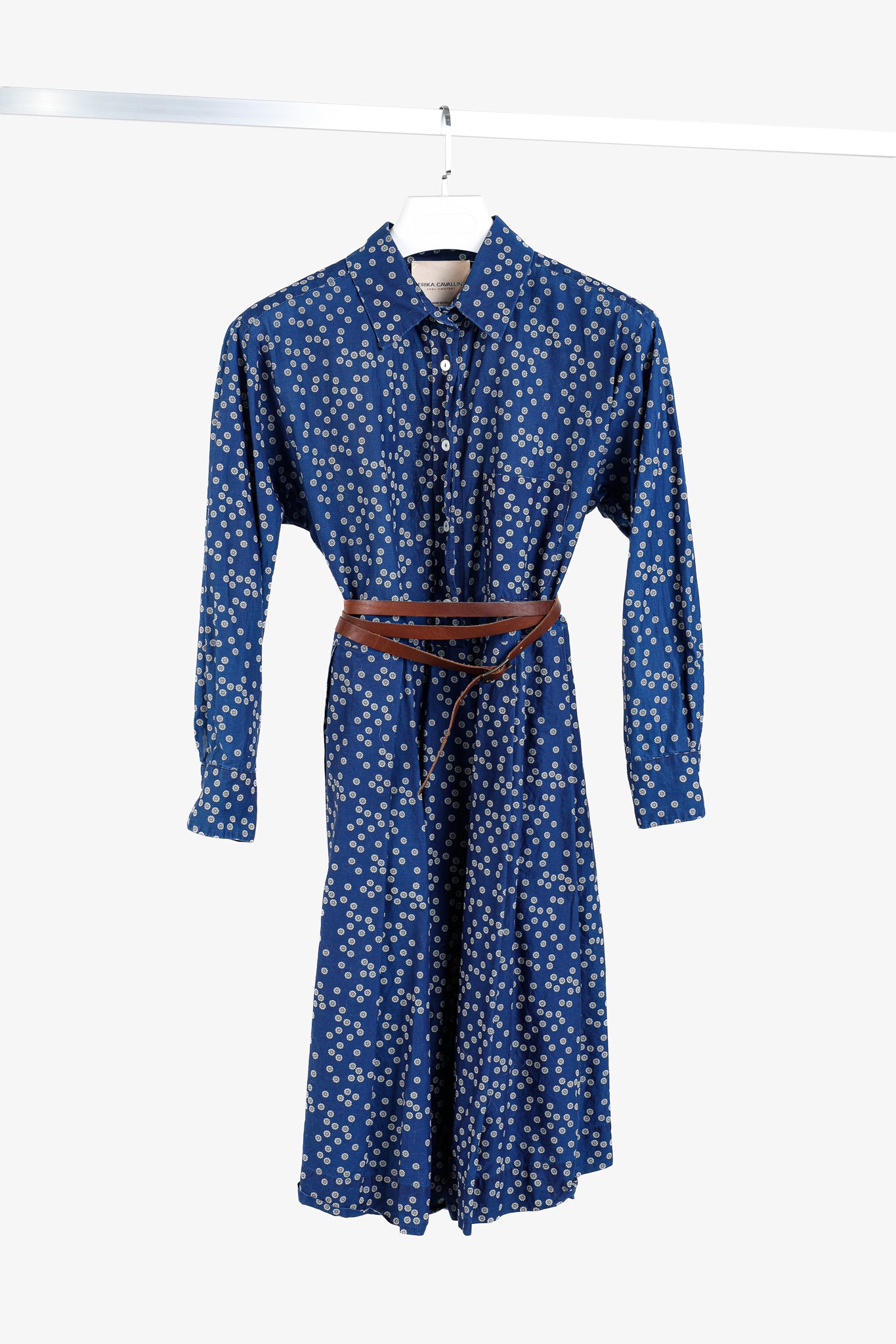 Erika Cavallini SS/15 Blue Daisy-Floral Cotton Belted Shirt Dress