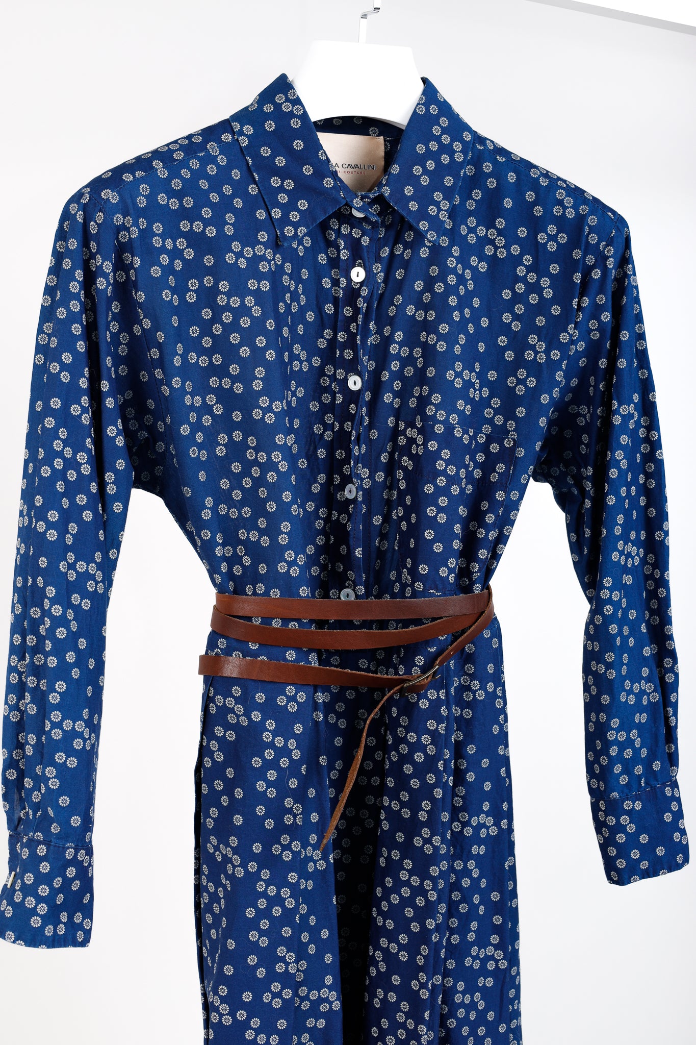 Erika Cavallini SS/15 Blue Daisy-Floral Cotton Belted Shirt Dress
