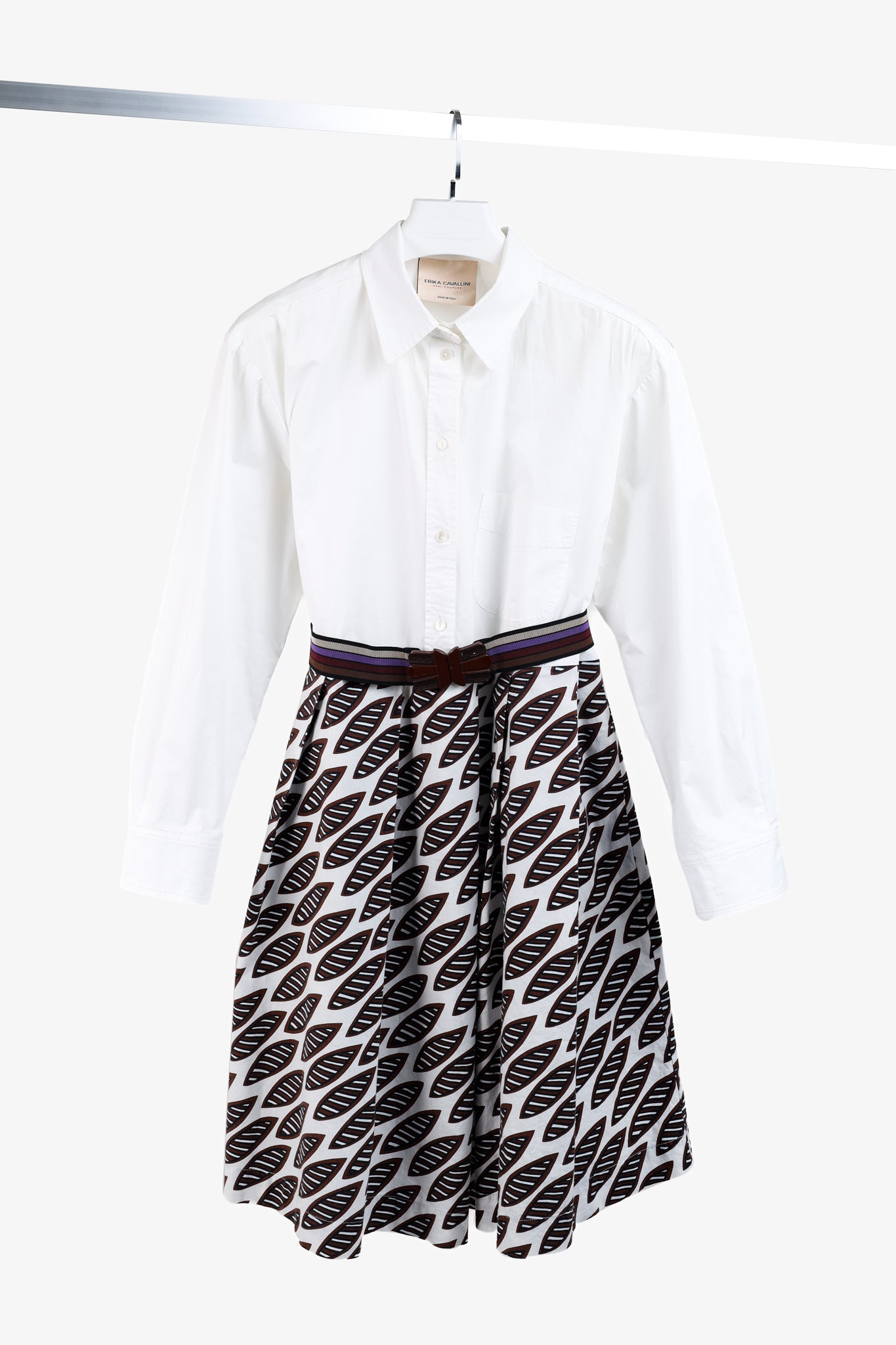 Erika Cavallini PS/15 White Oxford Ankara Leaves Pattern Belted Shirtdress