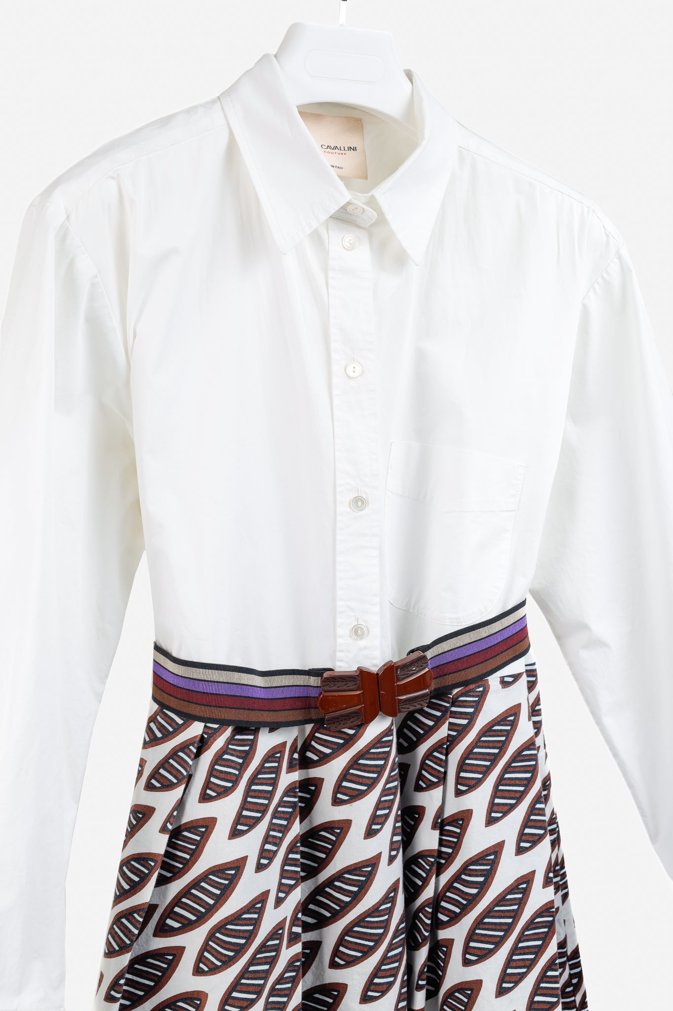 Erika Cavallini PS/15 White Oxford Ankara Leaves Pattern Belted Shirtdress