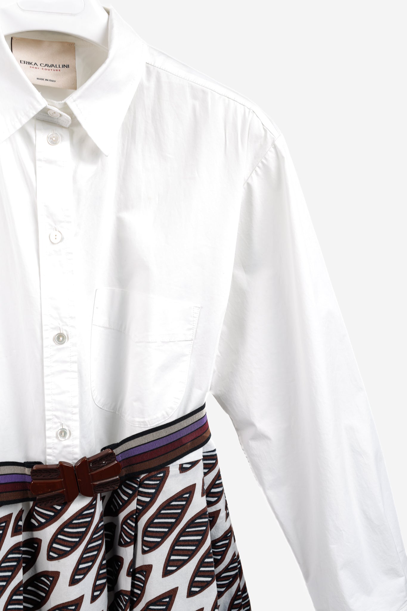 Erika Cavallini PS/15 White Oxford Ankara Leaves Pattern Belted Shirtdress