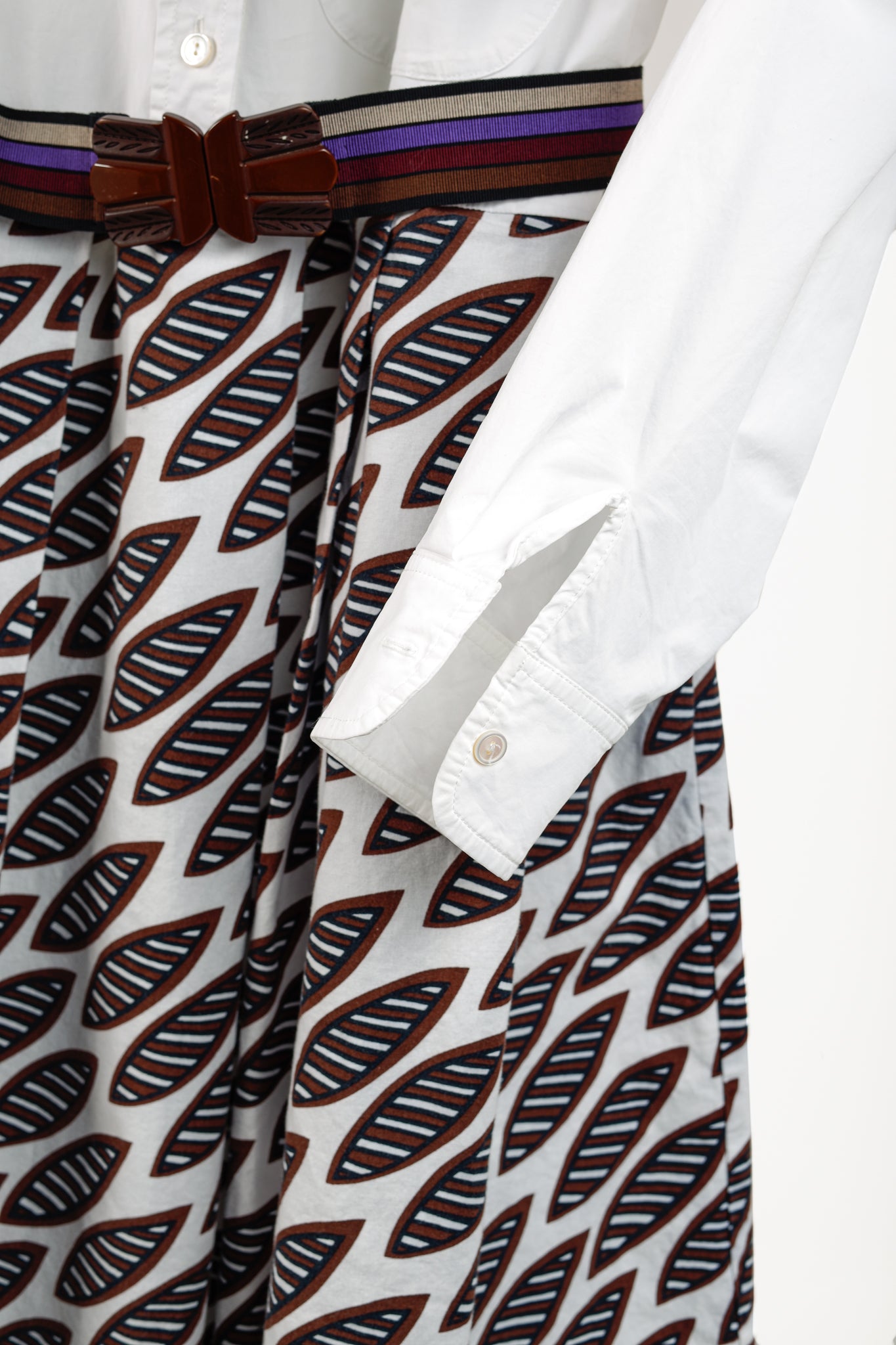 Erika Cavallini PS/15 White Oxford Ankara Leaves Pattern Belted Shirtdress