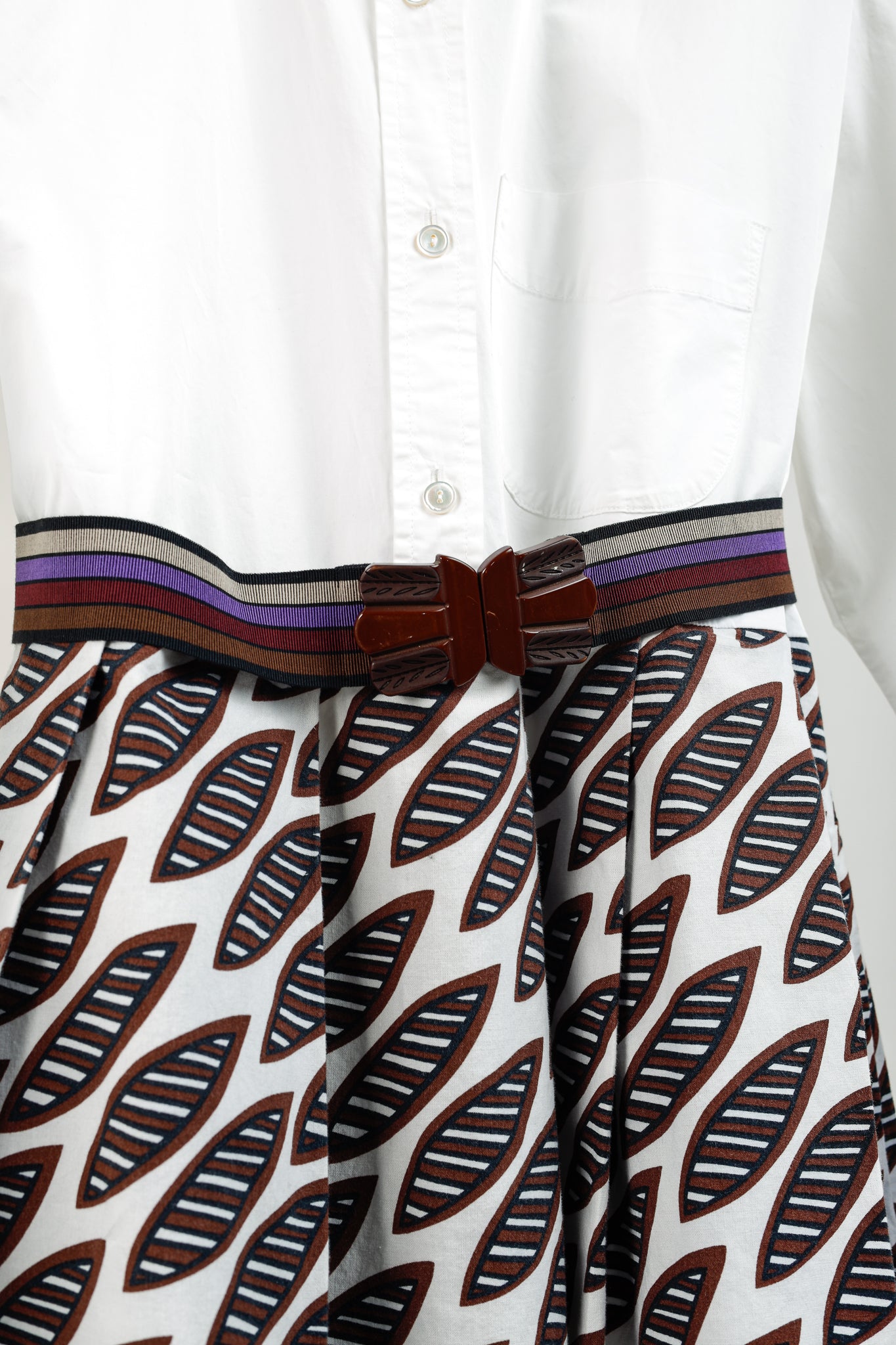 Erika Cavallini PS/15 White Oxford Ankara Leaves Pattern Belted Shirtdress
