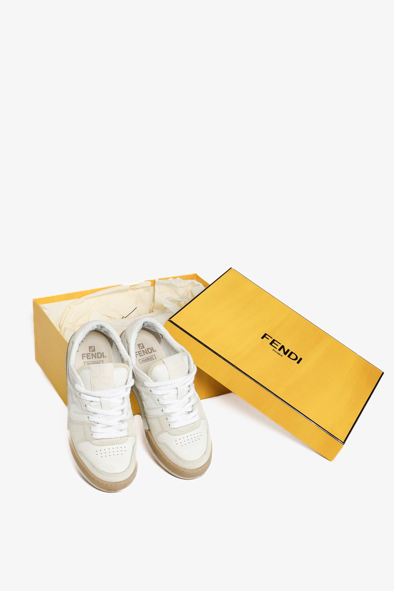 Fendi Match FF Logo Low-Top Sneaker in White Suede and Leather