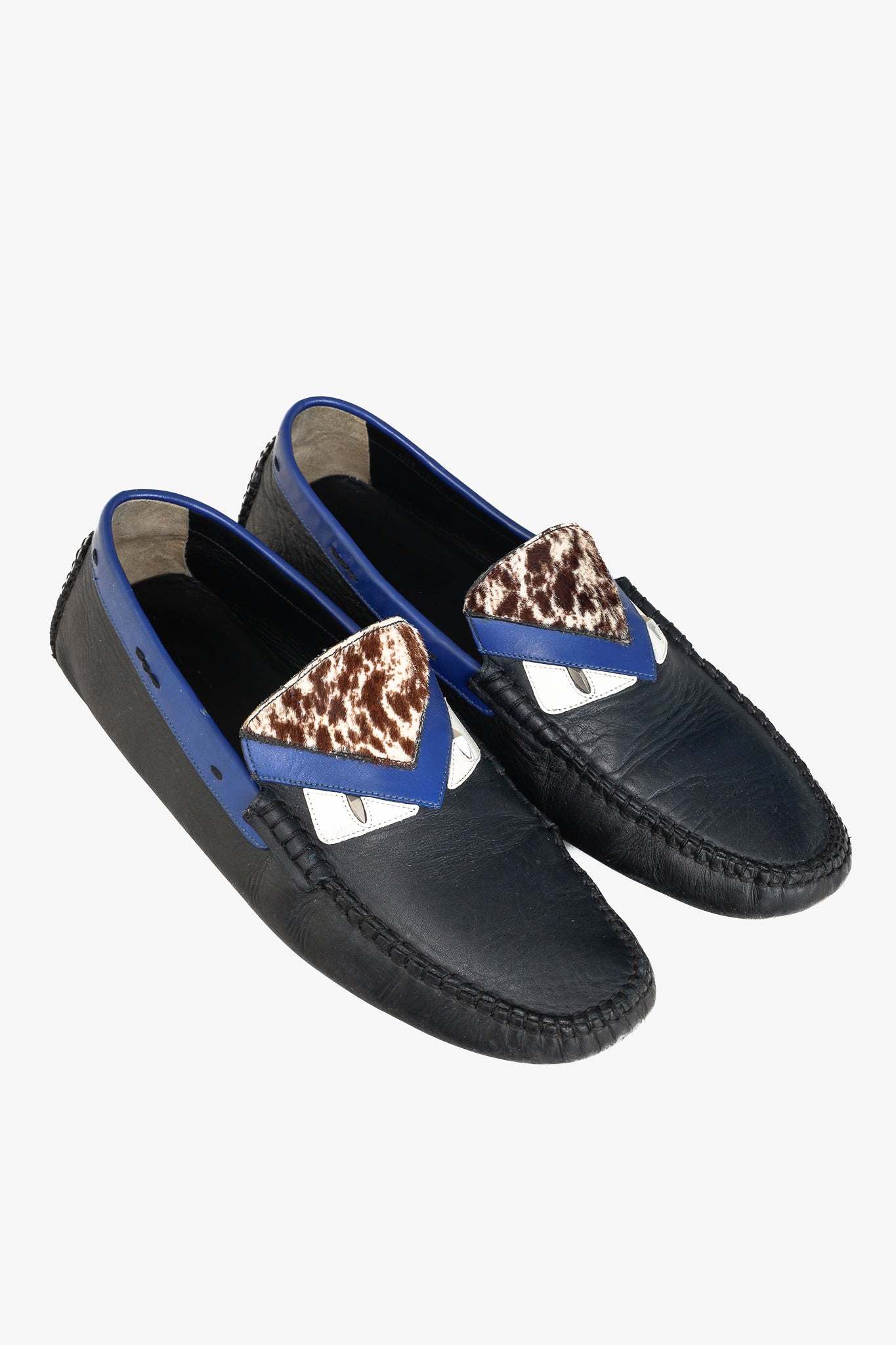 Fendi Monster Blue & Pony Hair Trim Driving Mocs Loafers in Black Leather
