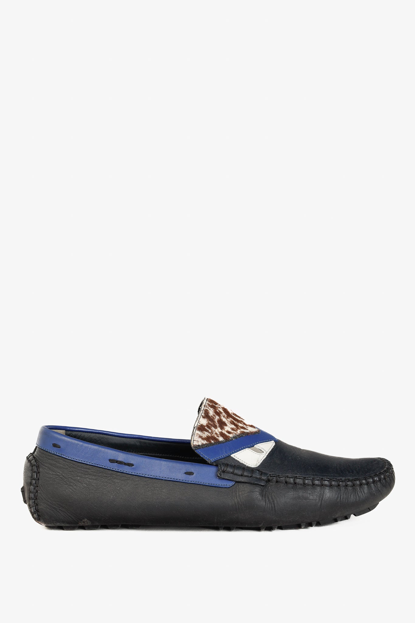 Fendi Monster Blue & Pony Hair Trim Driving Mocs Loafers in Black Leather