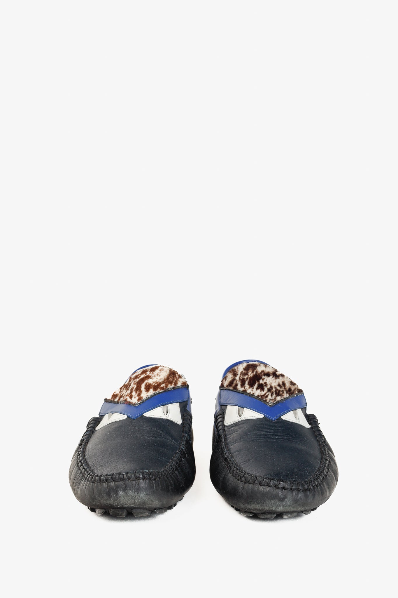 Fendi Monster Blue & Pony Hair Trim Driving Mocs Loafers in Black Leather