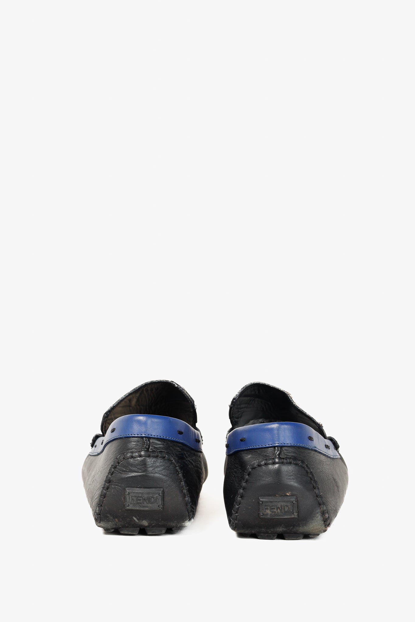 Fendi Monster Blue & Pony Hair Trim Driving Mocs Loafers in Black Leather