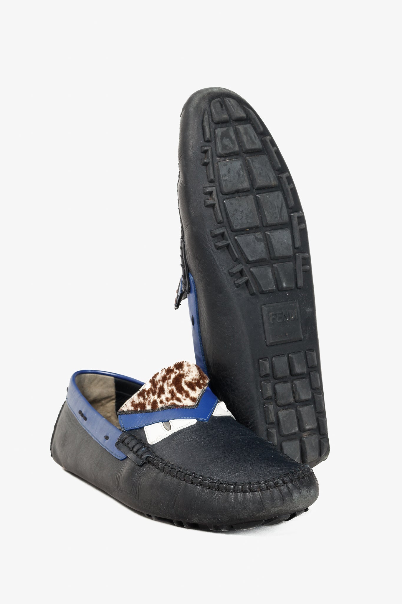 Fendi Monster Blue & Pony Hair Trim Driving Mocs Loafers in Black Leather