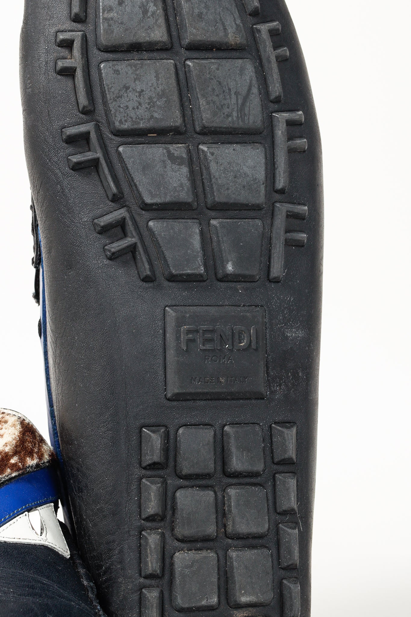 Fendi Monster Blue & Pony Hair Trim Driving Mocs Loafers in Black Leather