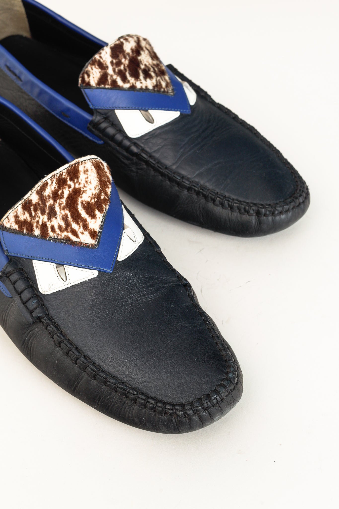 Fendi Monster Blue & Pony Hair Trim Driving Mocs Loafers in Black Leather