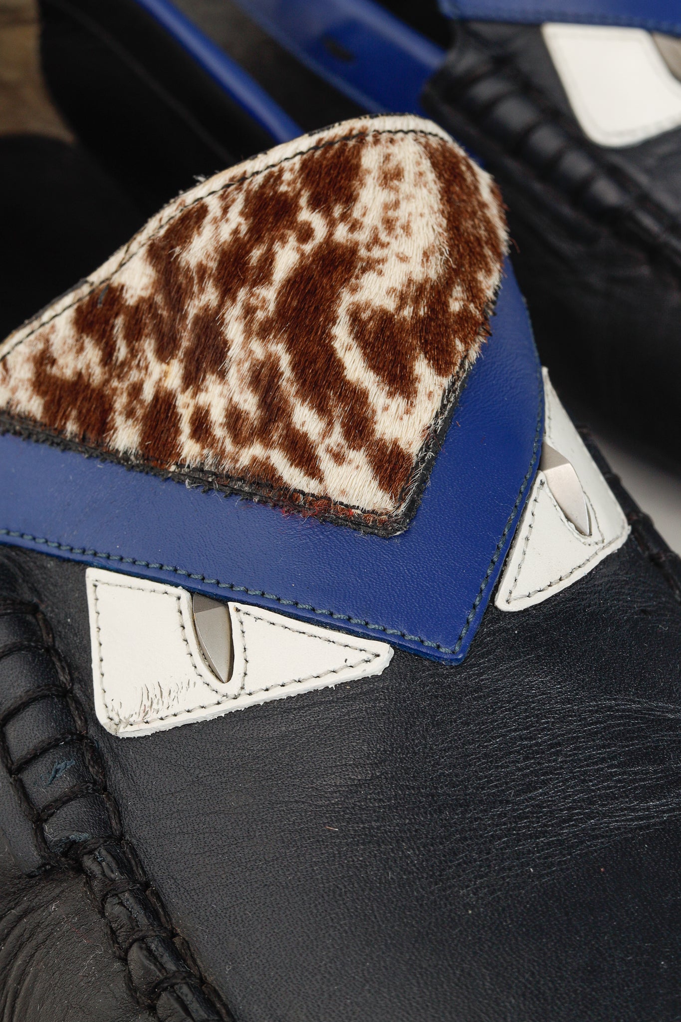 Fendi Monster Blue & Pony Hair Trim Driving Mocs Loafers in Black Leather