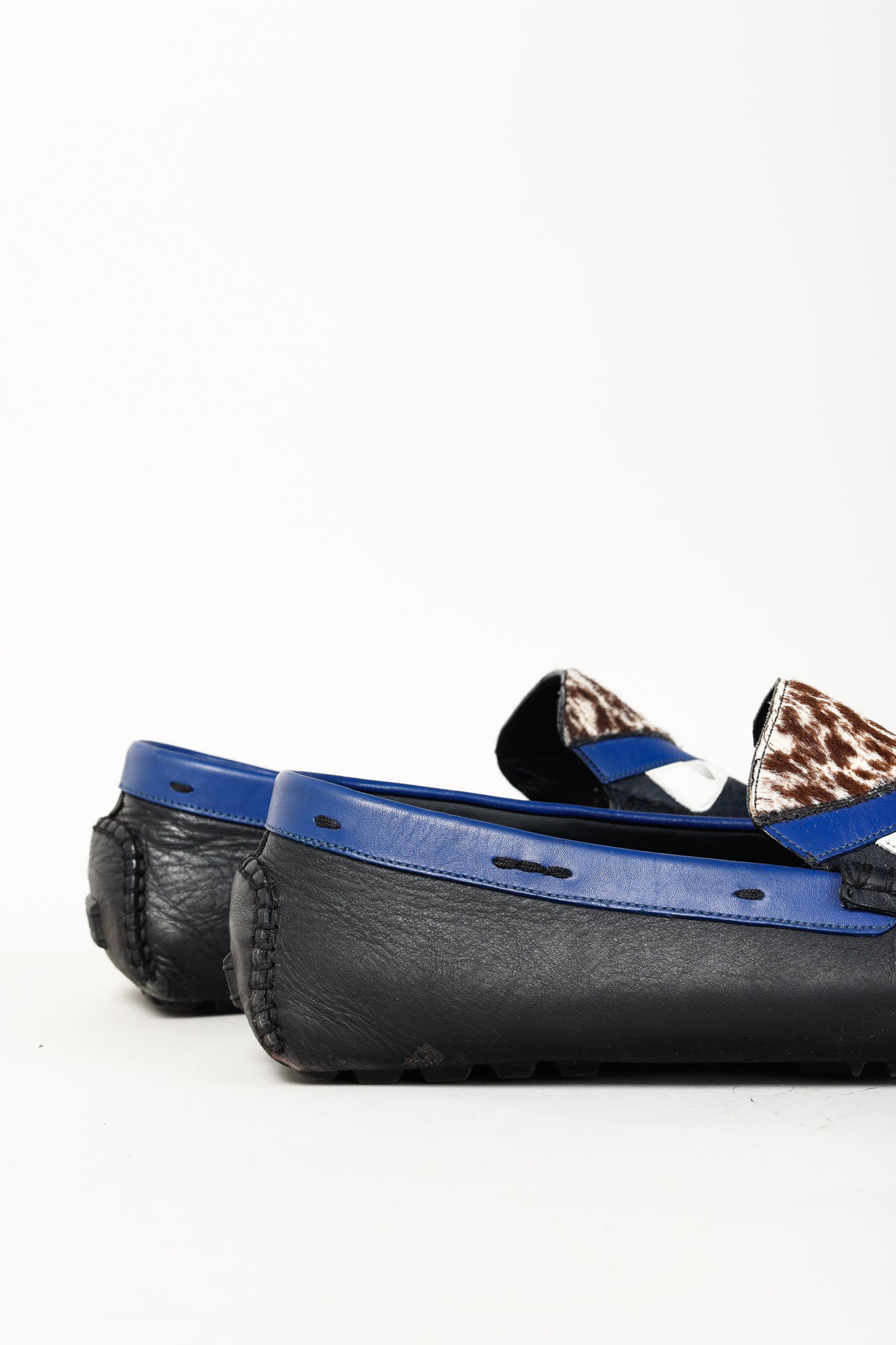 Fendi Monster Blue & Pony Hair Trim Driving Mocs Loafers in Black Leather