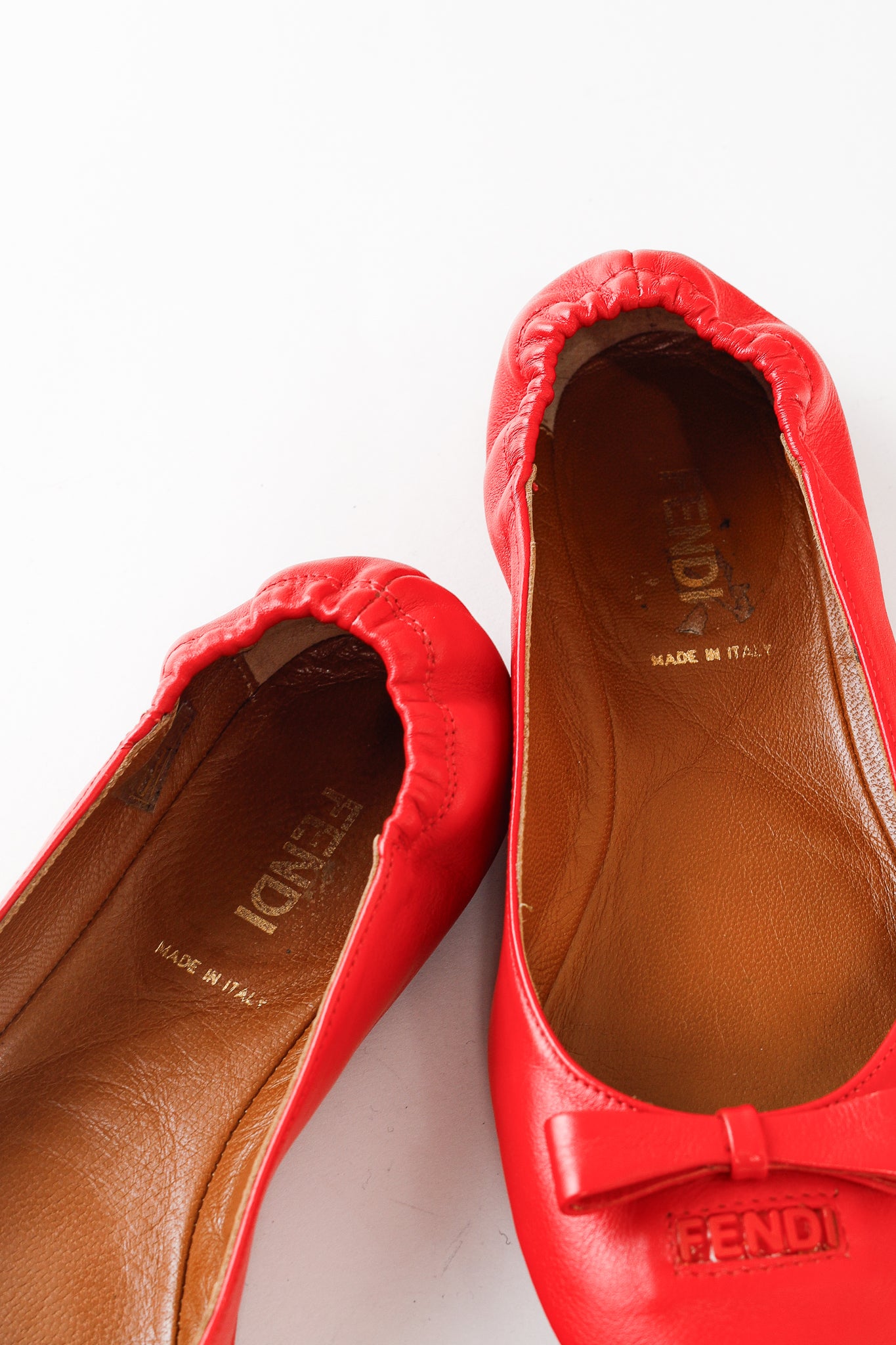 Fendi Coral Red Leather Bow Scrunch Ballet Flats