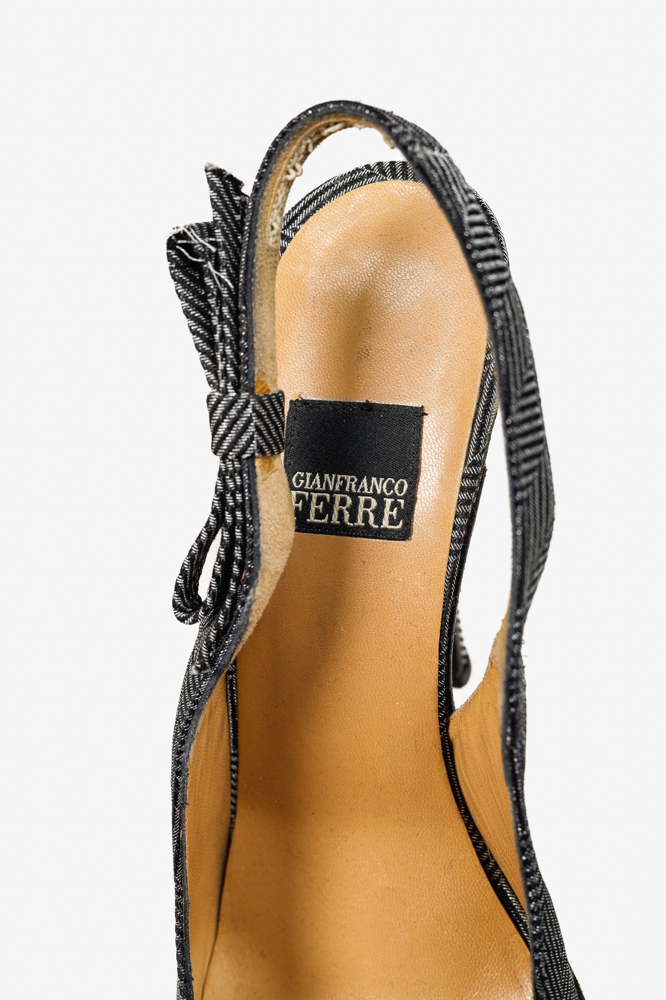 Gianfranco Ferre Silver & Black Metallic Herringbone Slingback Heels