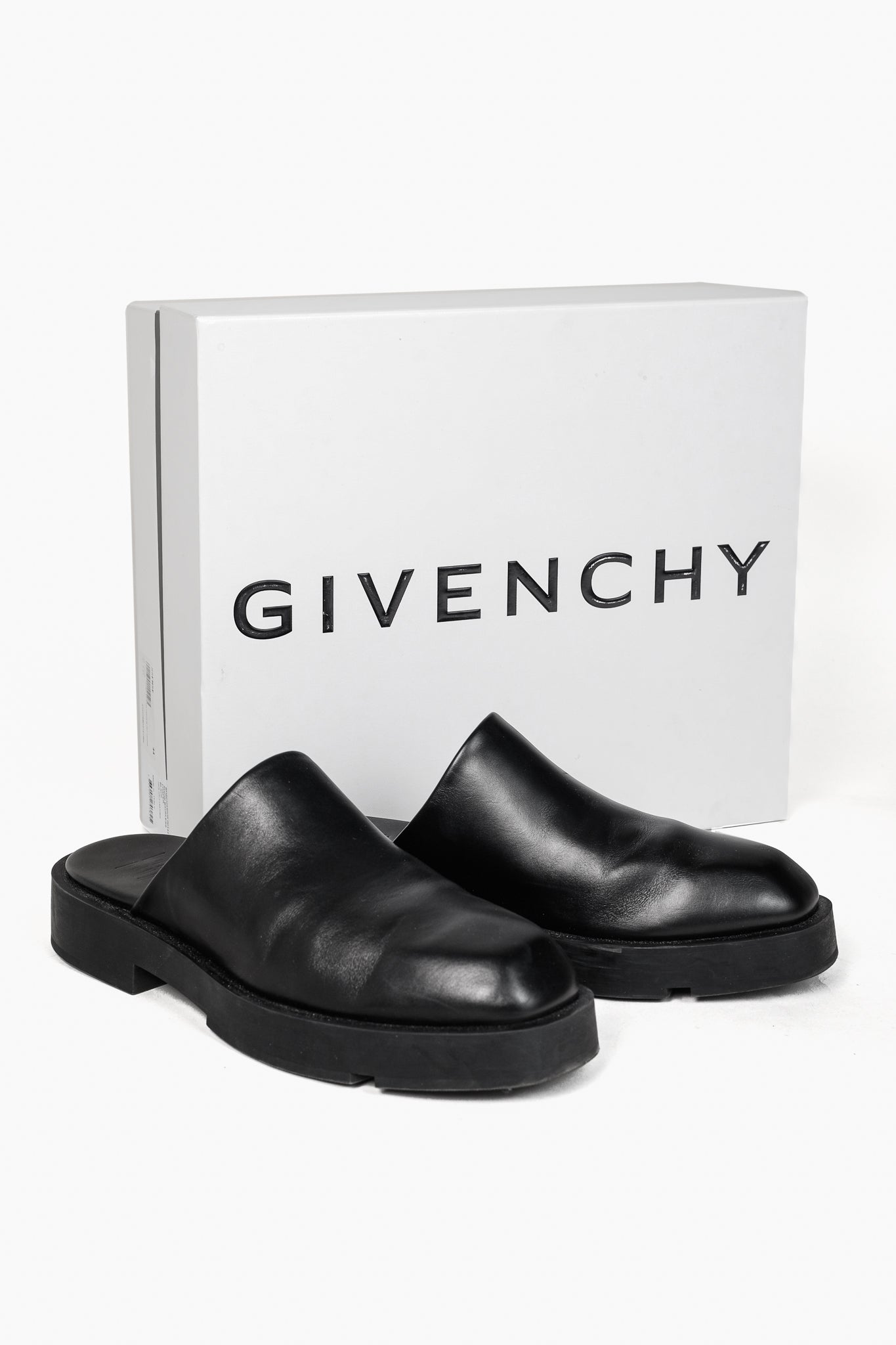 Givenchy Black Calf Leather Squared Show Backless Loafers