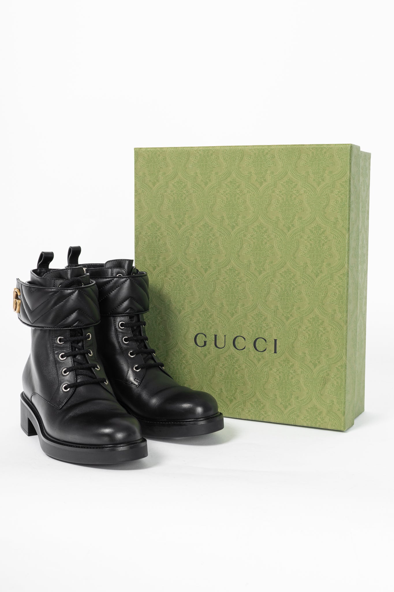 Gucci Black Leather Double G Combat Ankle Boots