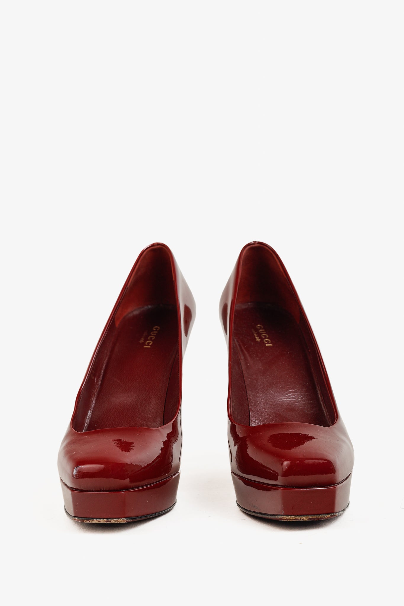 Gucci Burgundy Vernice Crystal Square-Toe Patent Leather Platform Pumps