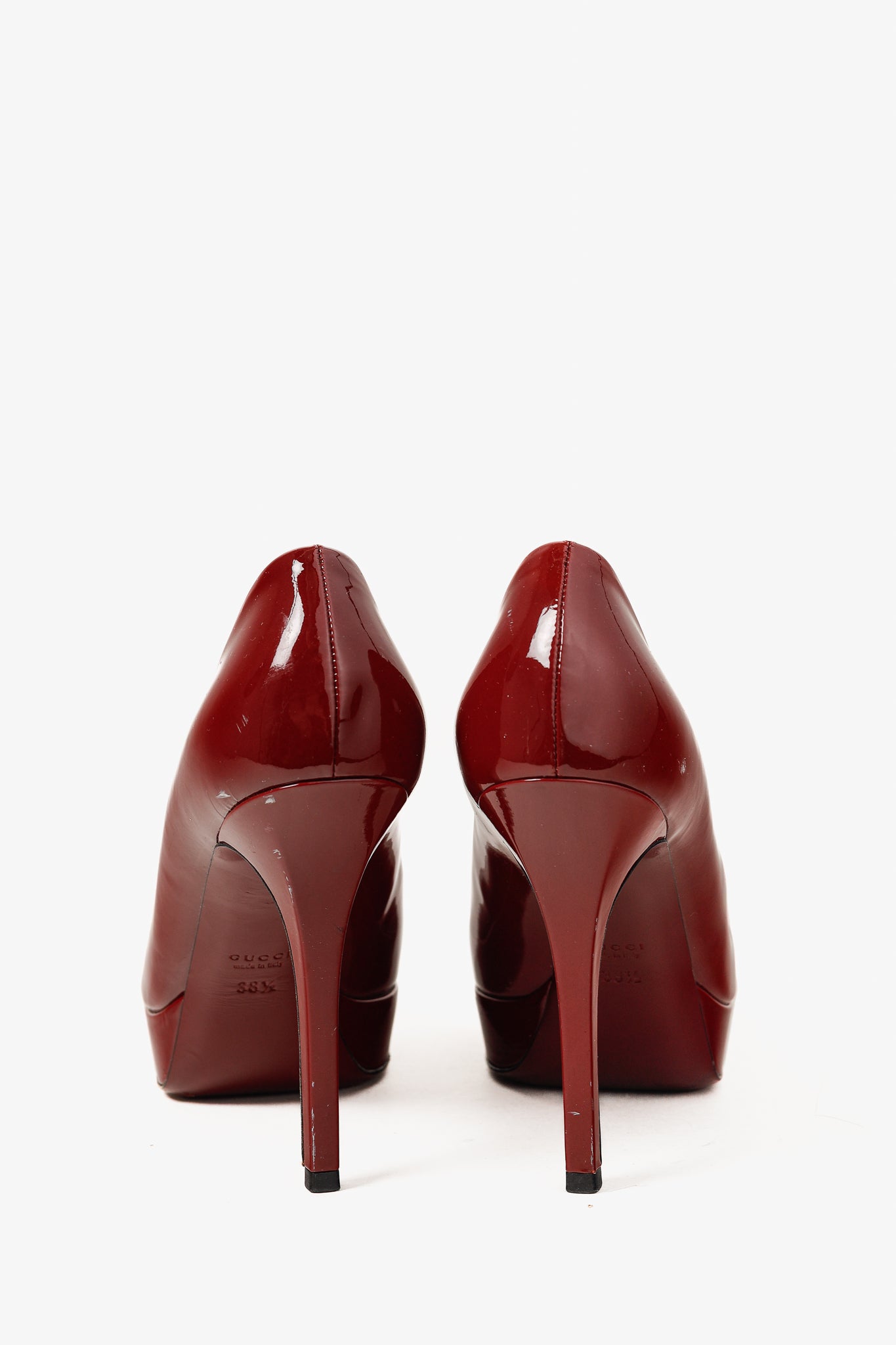 Gucci Burgundy Vernice Crystal Square-Toe Patent Leather Platform Pumps