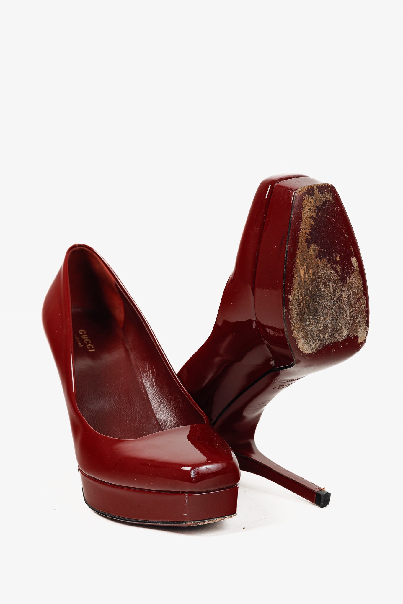 Gucci Burgundy Vernice Crystal Square-Toe Patent Leather Platform Pumps