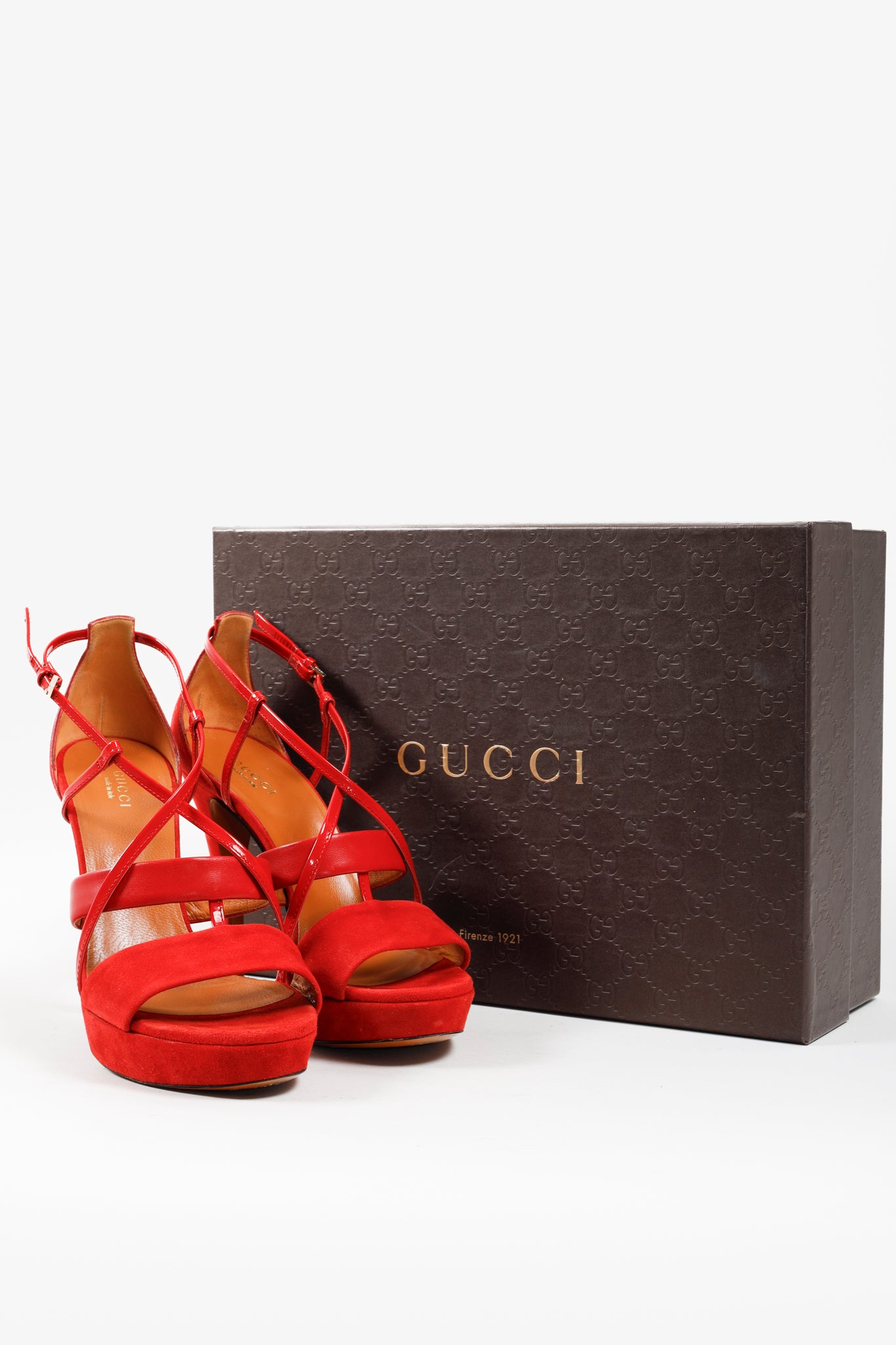 Gucci Red Suede Criss Cross Strappy Platform Sandal Pumps