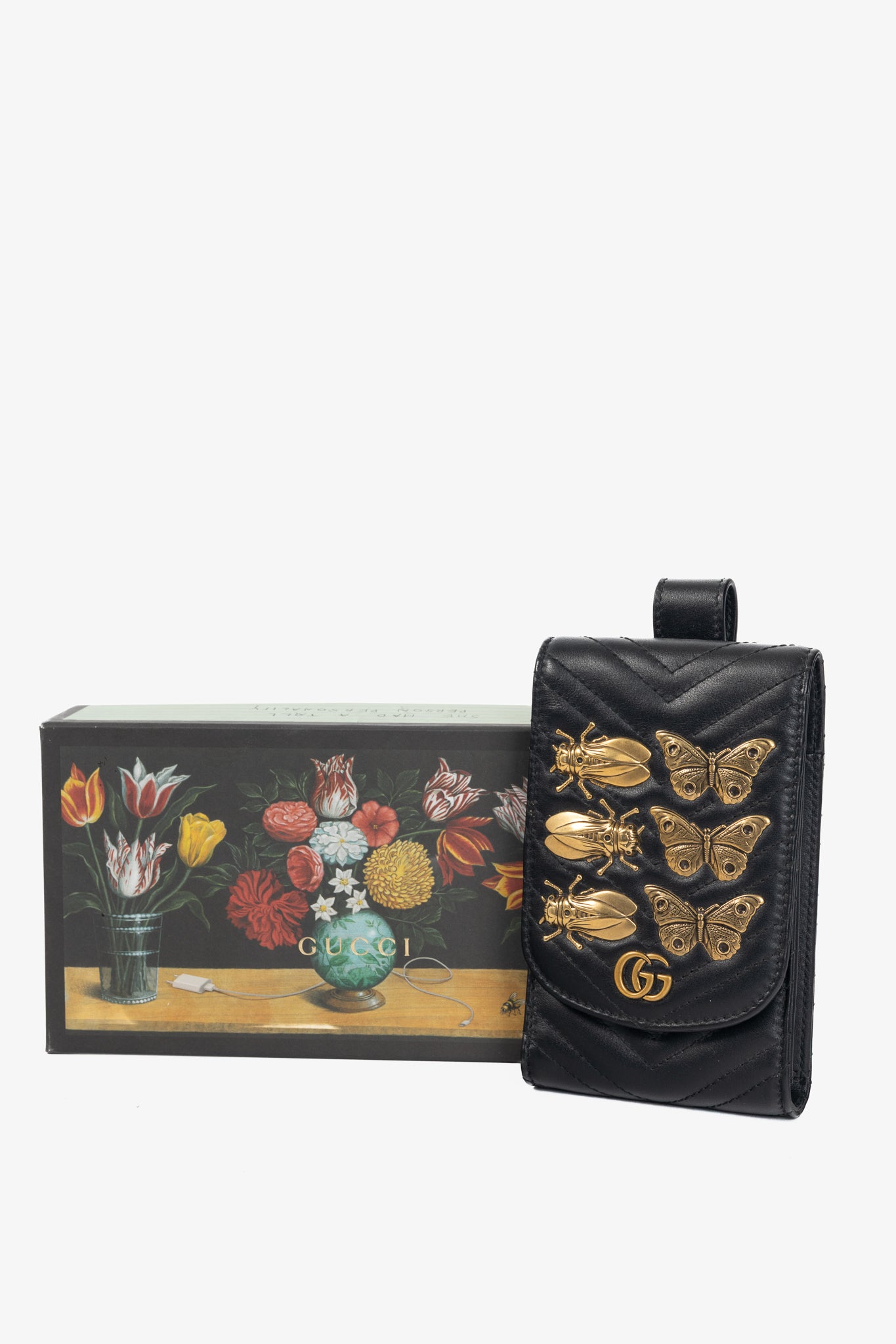 Gucci GG Marmont Black Quilted Leather Animal Studs Belt Pouch