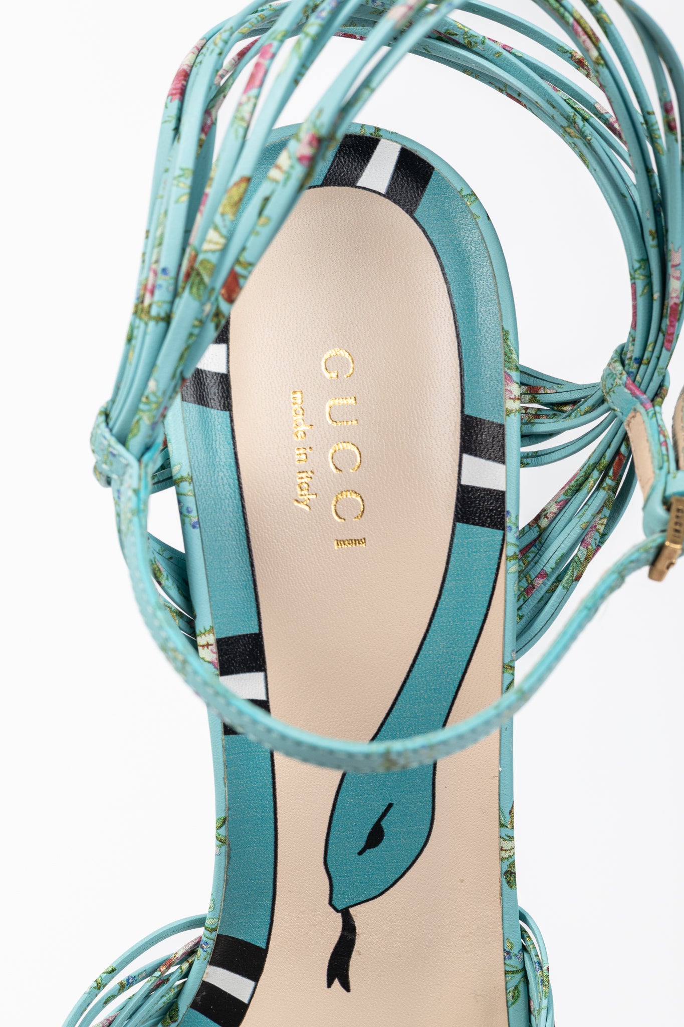 Gucci Allie Light-Blue Floral-Print Leather Knotted High-Heel Sandals