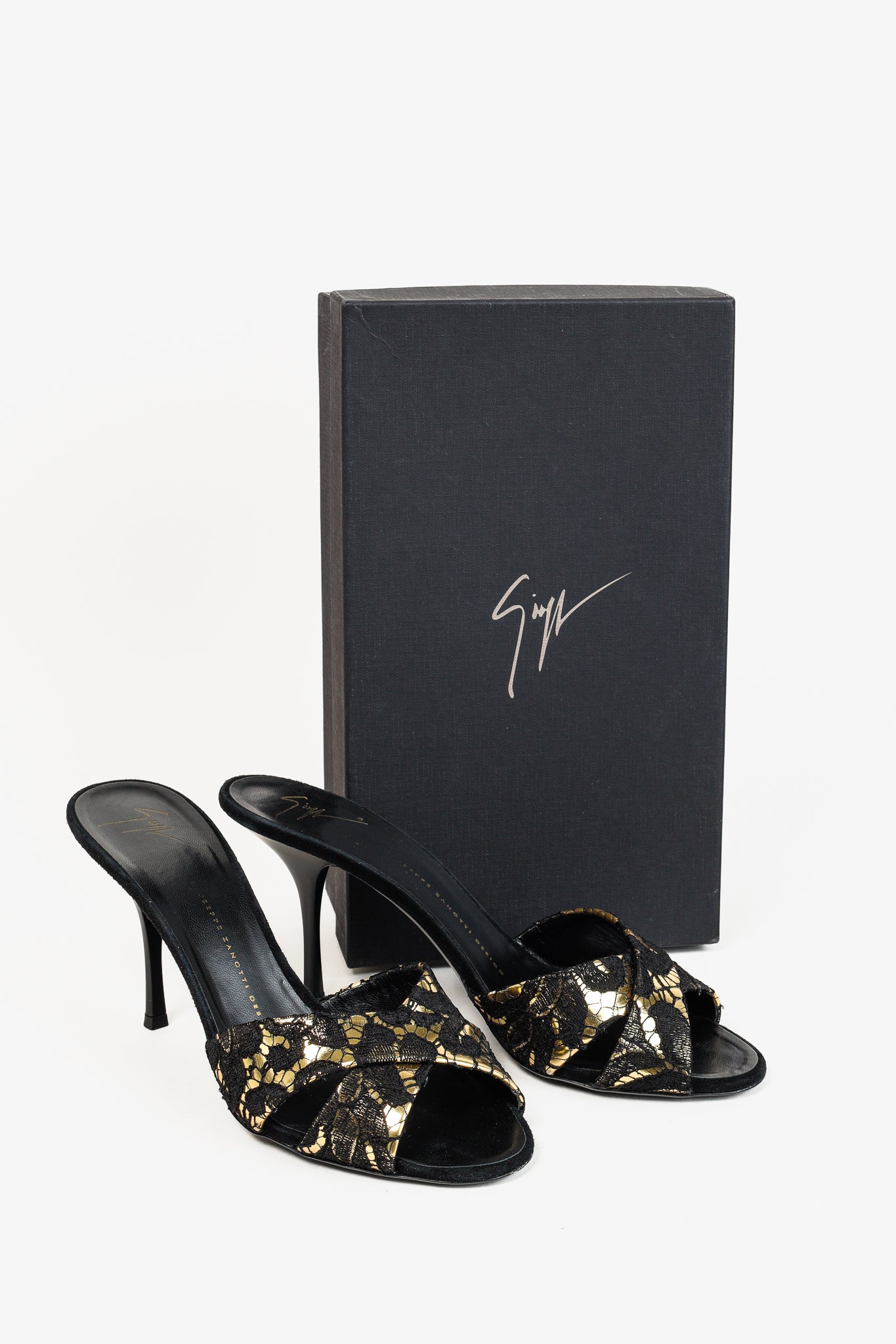 Giuseppe Zanotti Gold & Black Lace Crossover-Strap Mules