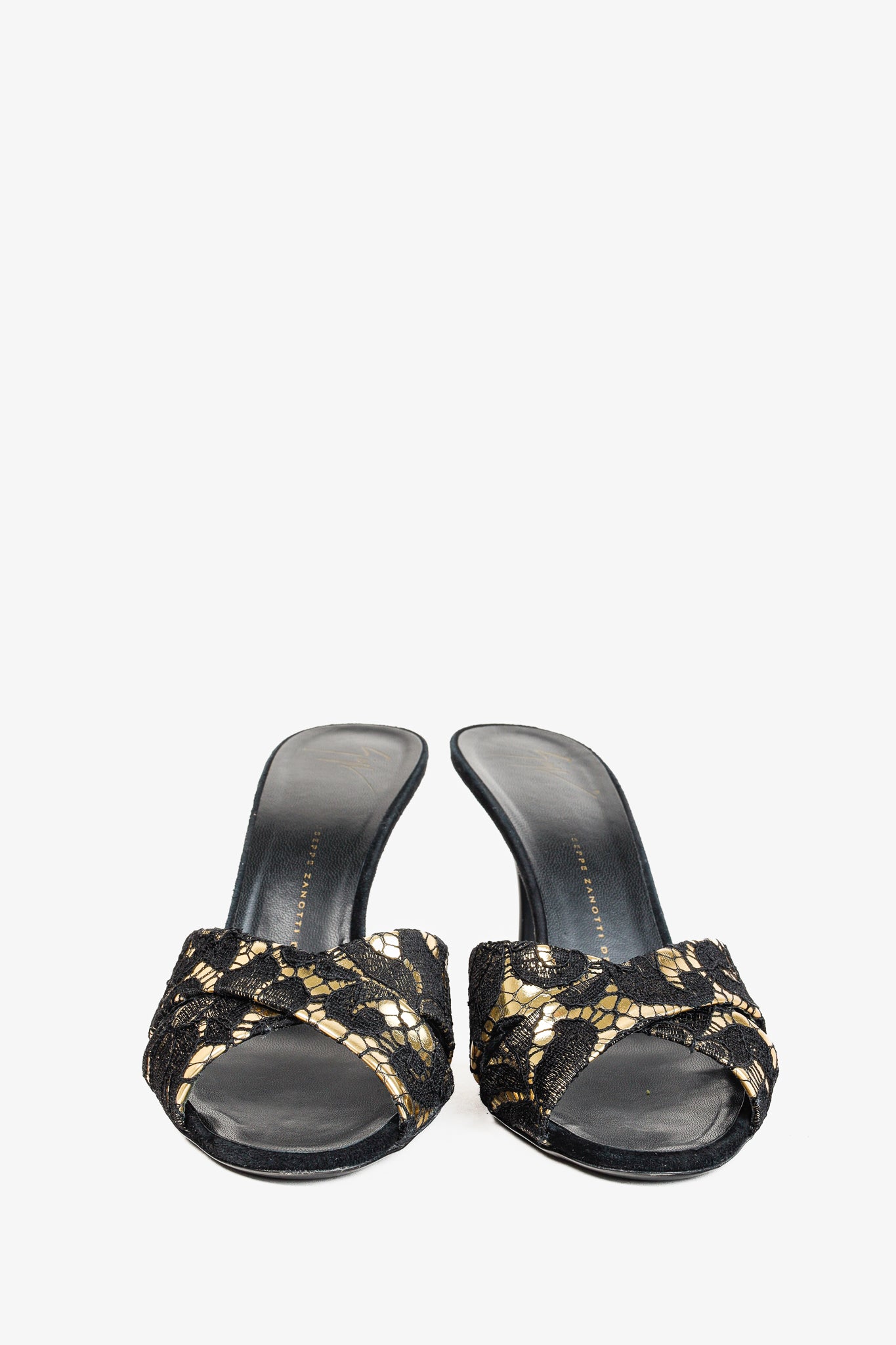 Giuseppe Zanotti Gold & Black Lace Crossover-Strap Mules