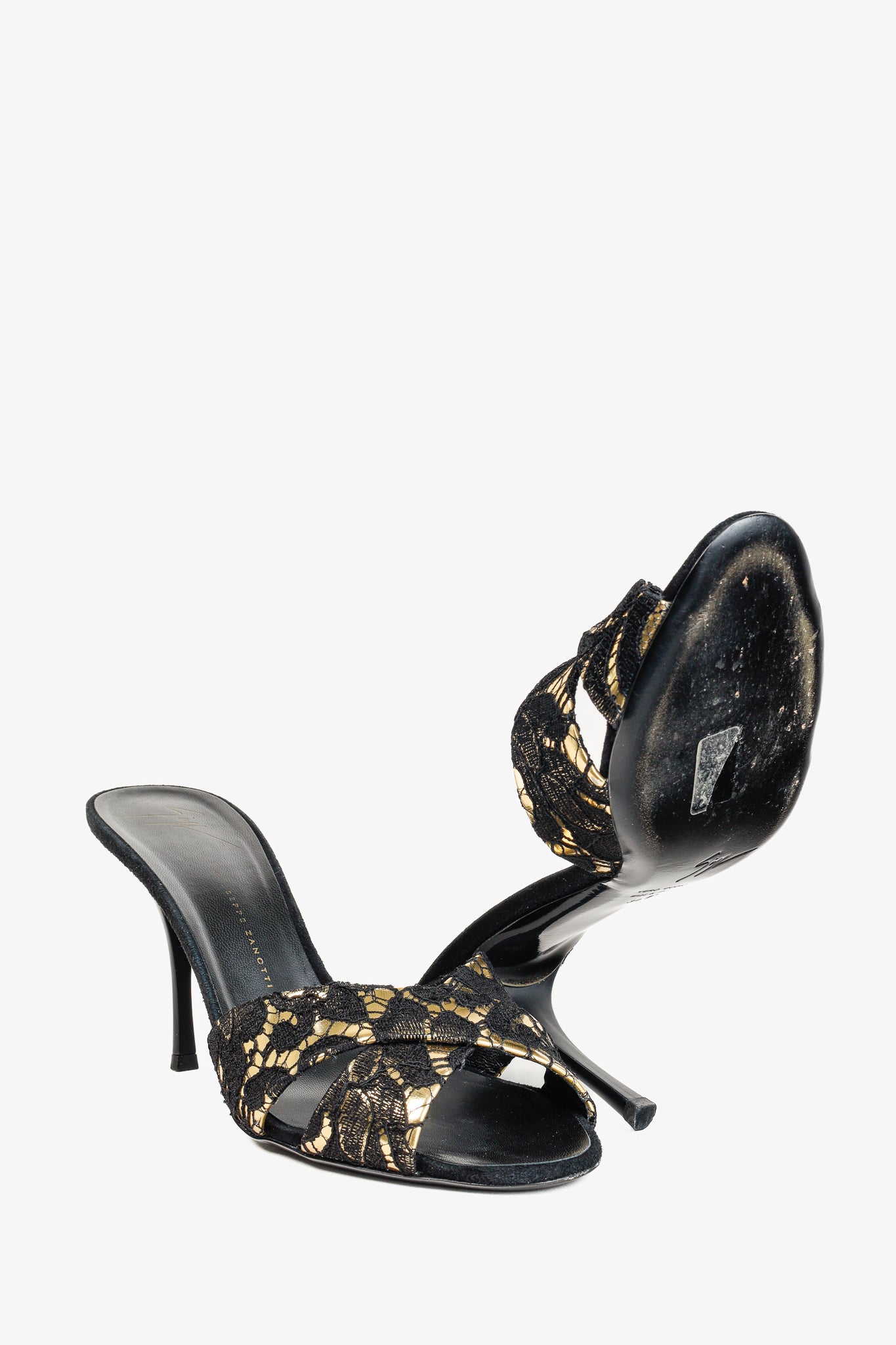 Giuseppe Zanotti Gold & Black Lace Crossover-Strap Mules