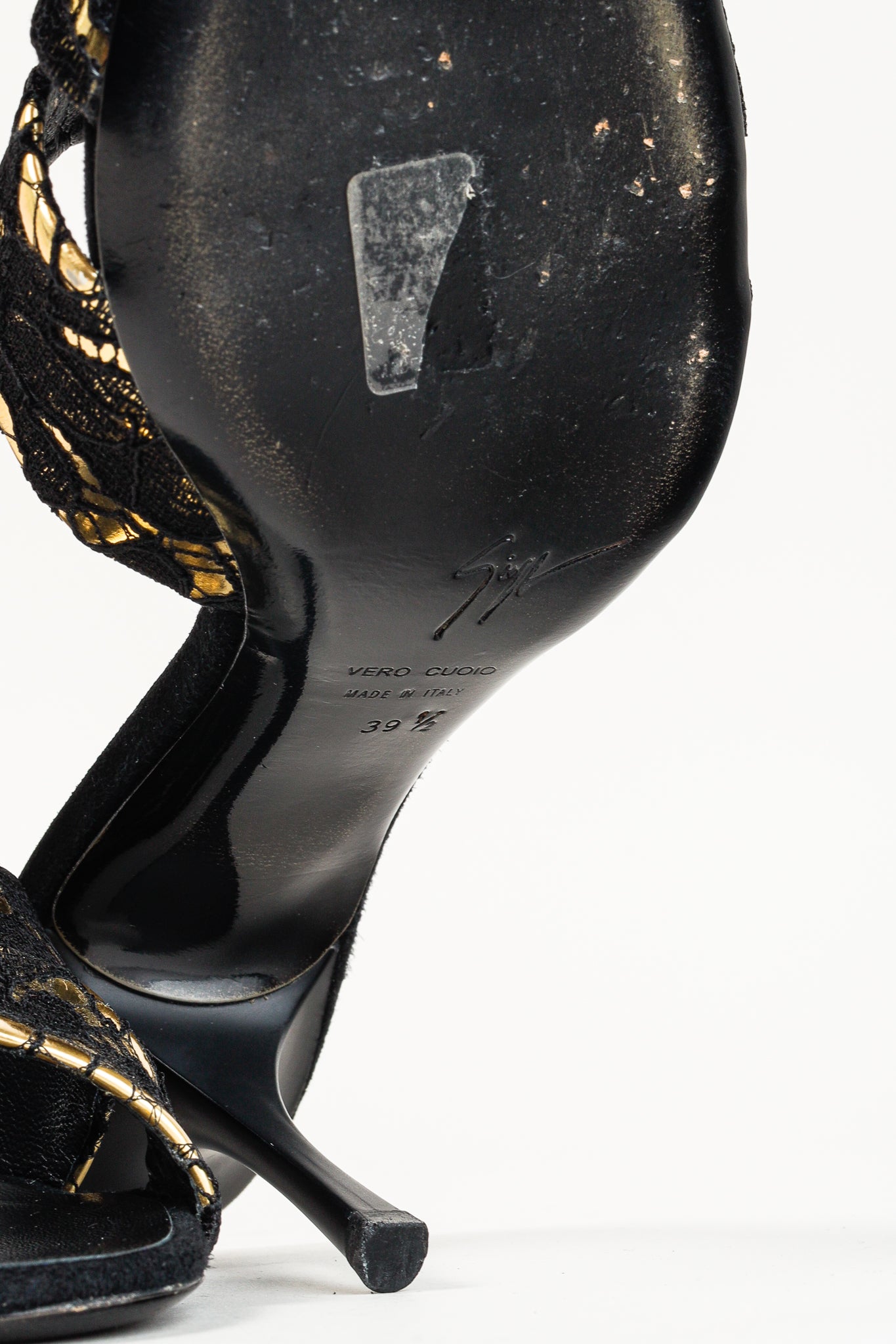 Giuseppe Zanotti Gold & Black Lace Crossover-Strap Mules