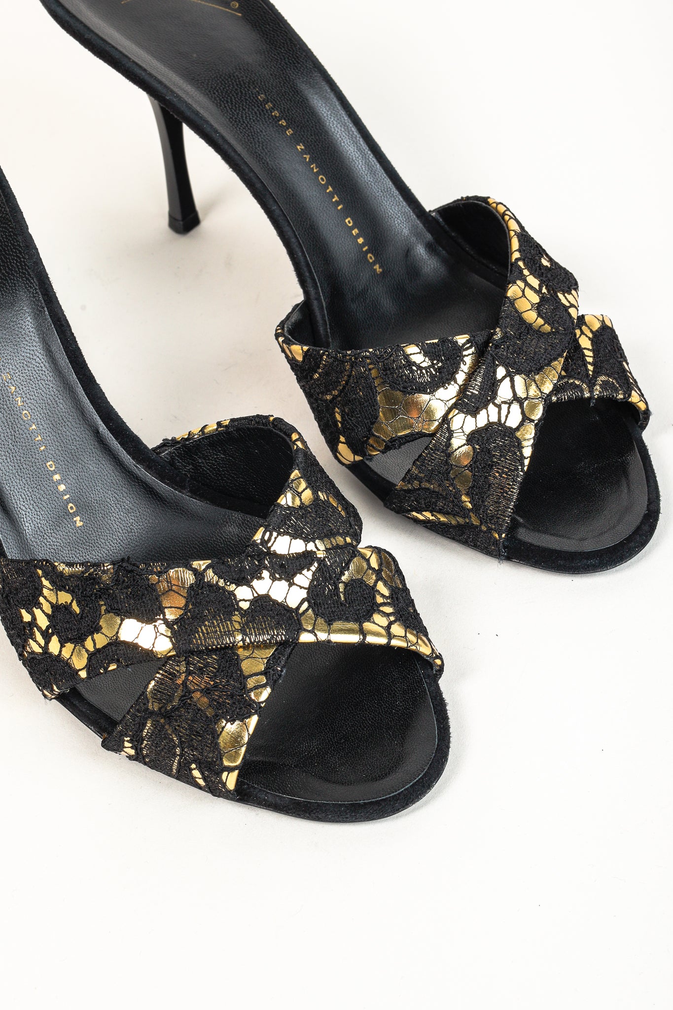 Giuseppe Zanotti Gold & Black Lace Crossover-Strap Mules