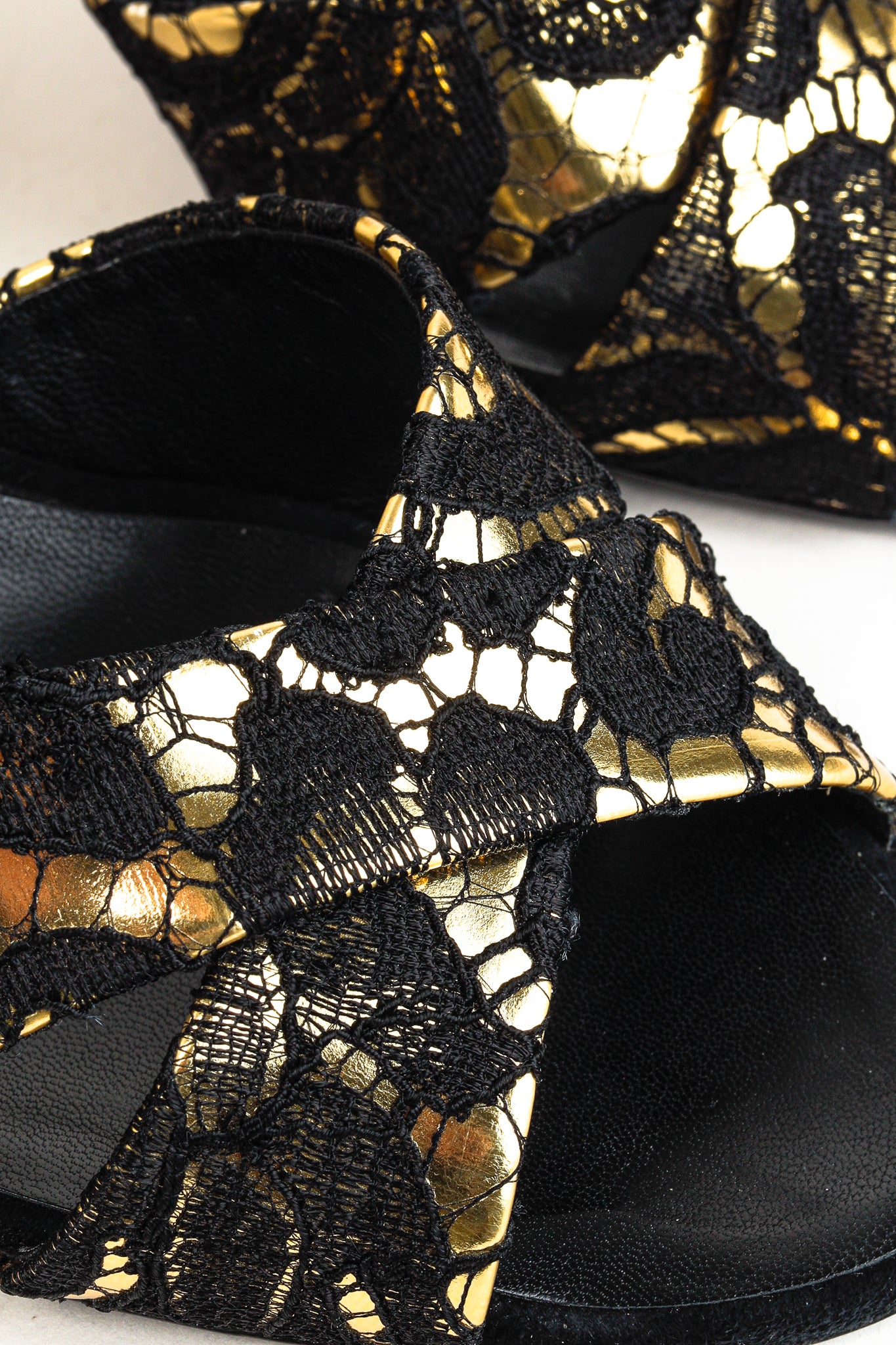 Giuseppe Zanotti Gold & Black Lace Crossover-Strap Mules