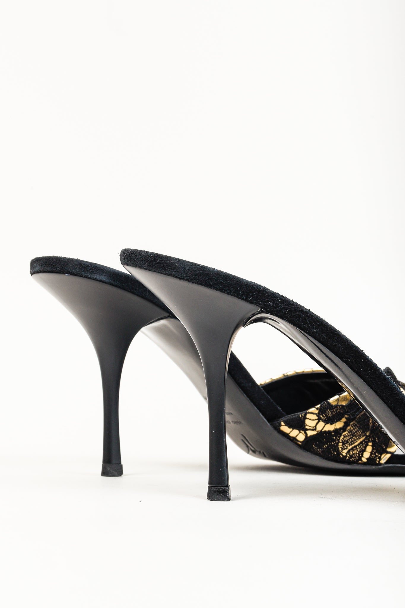 Giuseppe Zanotti Gold & Black Lace Crossover-Strap Mules