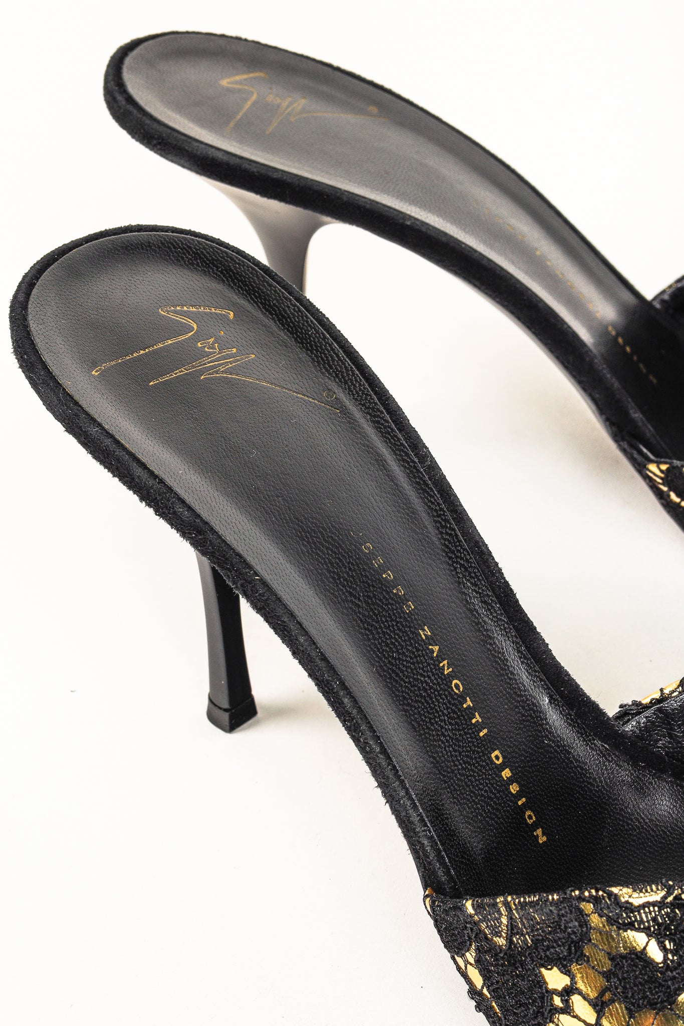 Giuseppe Zanotti Gold & Black Lace Crossover-Strap Mules