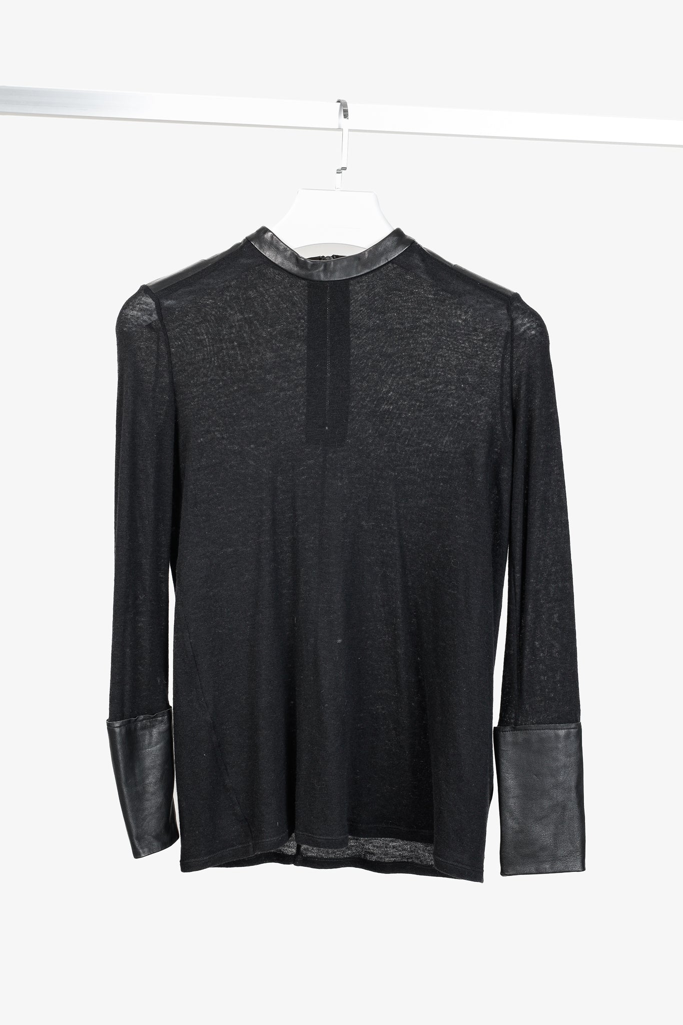 Helmut Lang Black Angora Leather-Trim Cozy Long Sleeve Top