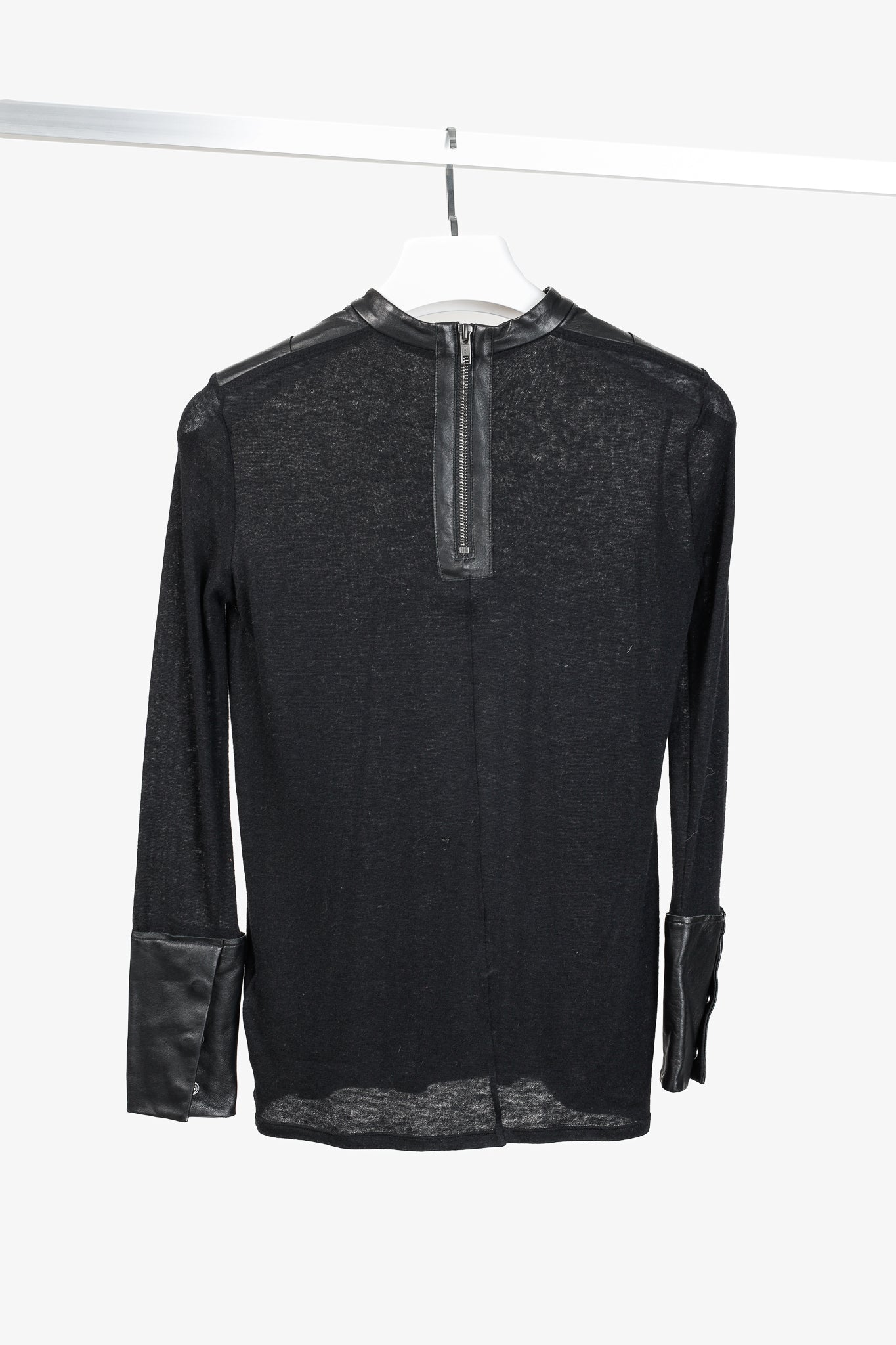 Helmut Lang Black Angora Leather-Trim Cozy Long Sleeve Top