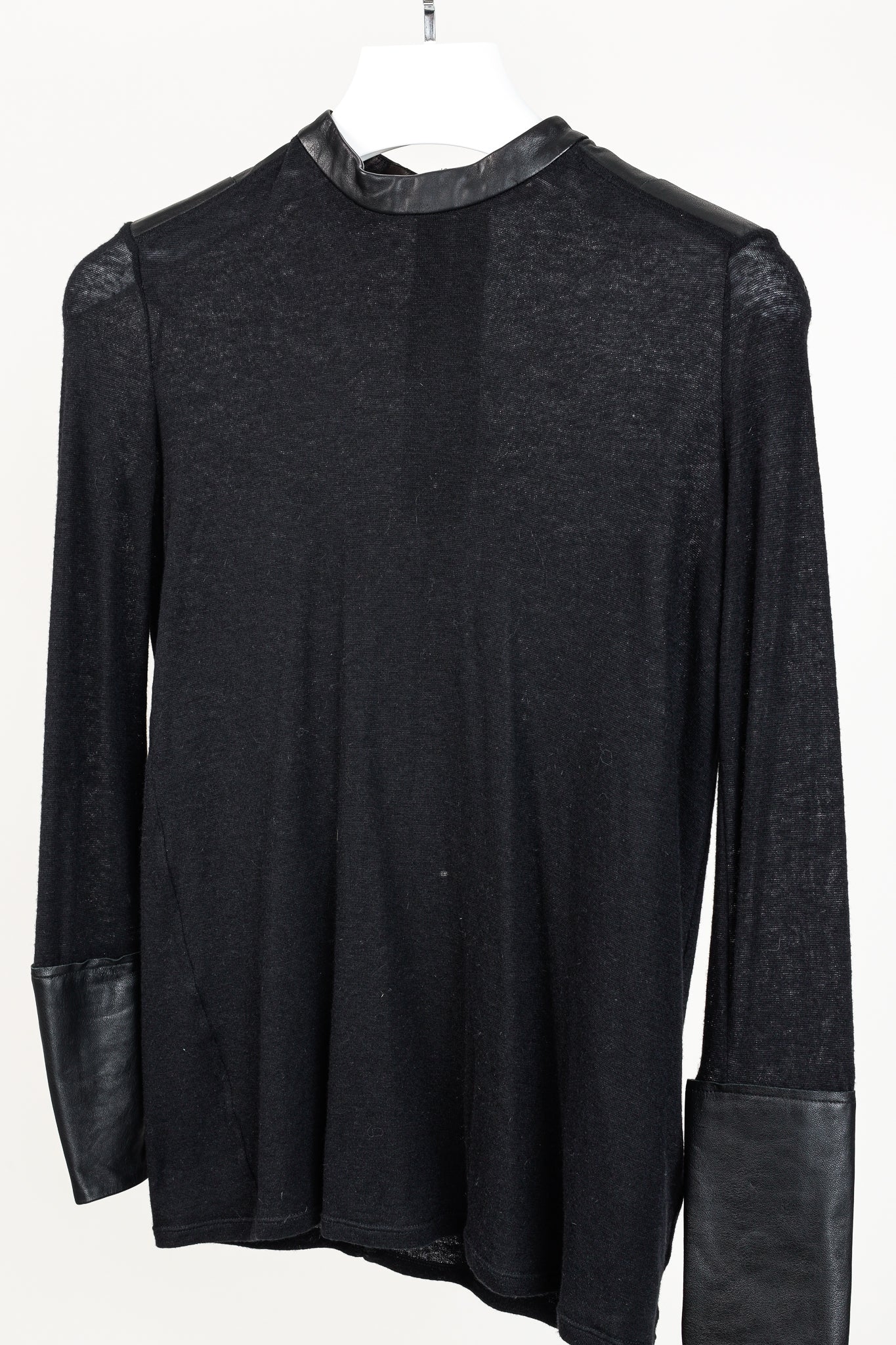 Helmut Lang Black Angora Leather-Trim Cozy Long Sleeve Top